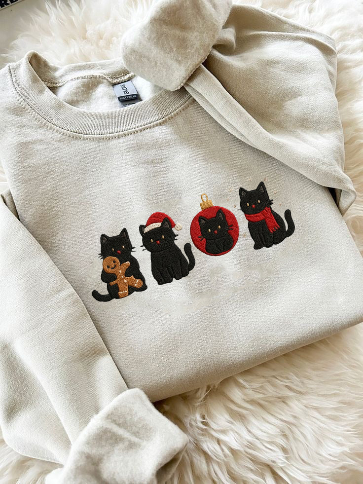Christmas Black Cats Embroidered Sweatshirt, Cute Holiday Cat Lover Sweater, Festive Kitty Crewneck, Funny Xmas Gift, Cozy Winter Pet Shirt EBAC79