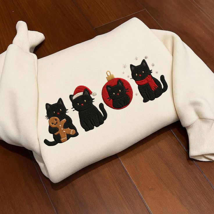 Christmas Black Cats Embroidered Sweatshirt, Cute Holiday Cat Lover Sweater, Festive Kitty Crewneck, Funny Xmas Gift, Cozy Winter Pet Shirt EBAC79