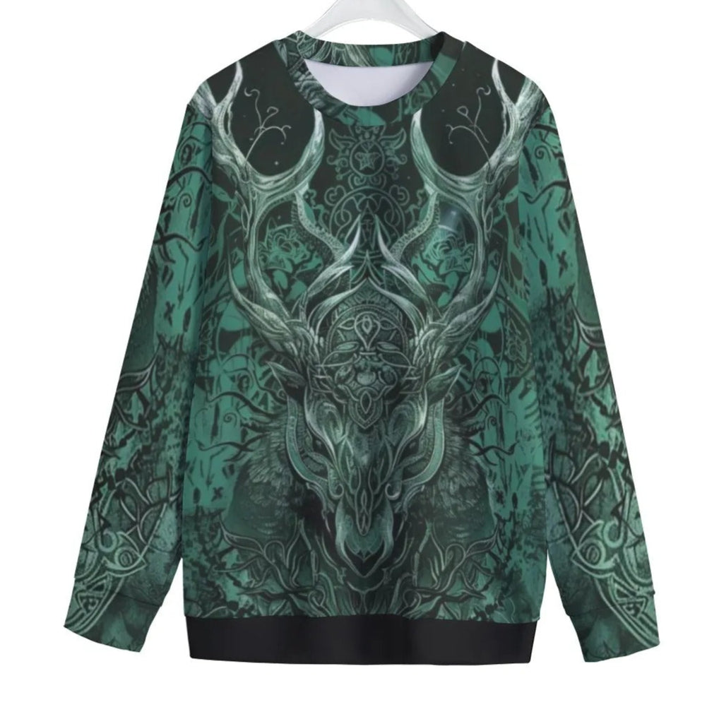 Viking Women Sweater, Norse Mythology Pullover, Green Celtic Art Sweatshirt, Deer Skull Design, Nordic Warrior Top, Pagan Festival Wear, Dark Fantasy Clothing, Mystic Fashion