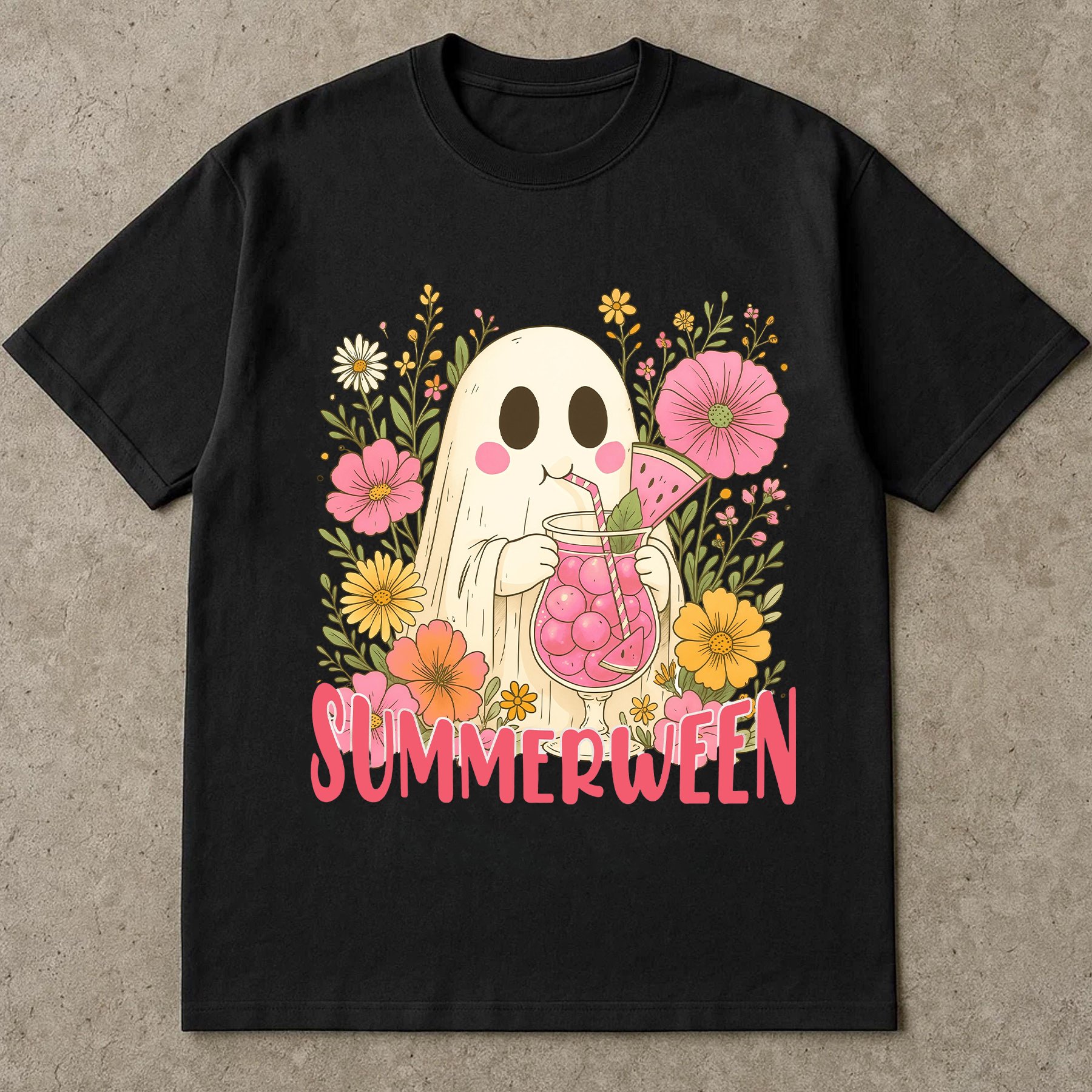 Summerween Ghost Shirt, Cute Halloween in Summer T-Shirt, Floral Spooky Season Tee, Kawaii Ghost with Drink, Funny Summer Halloween Shirt