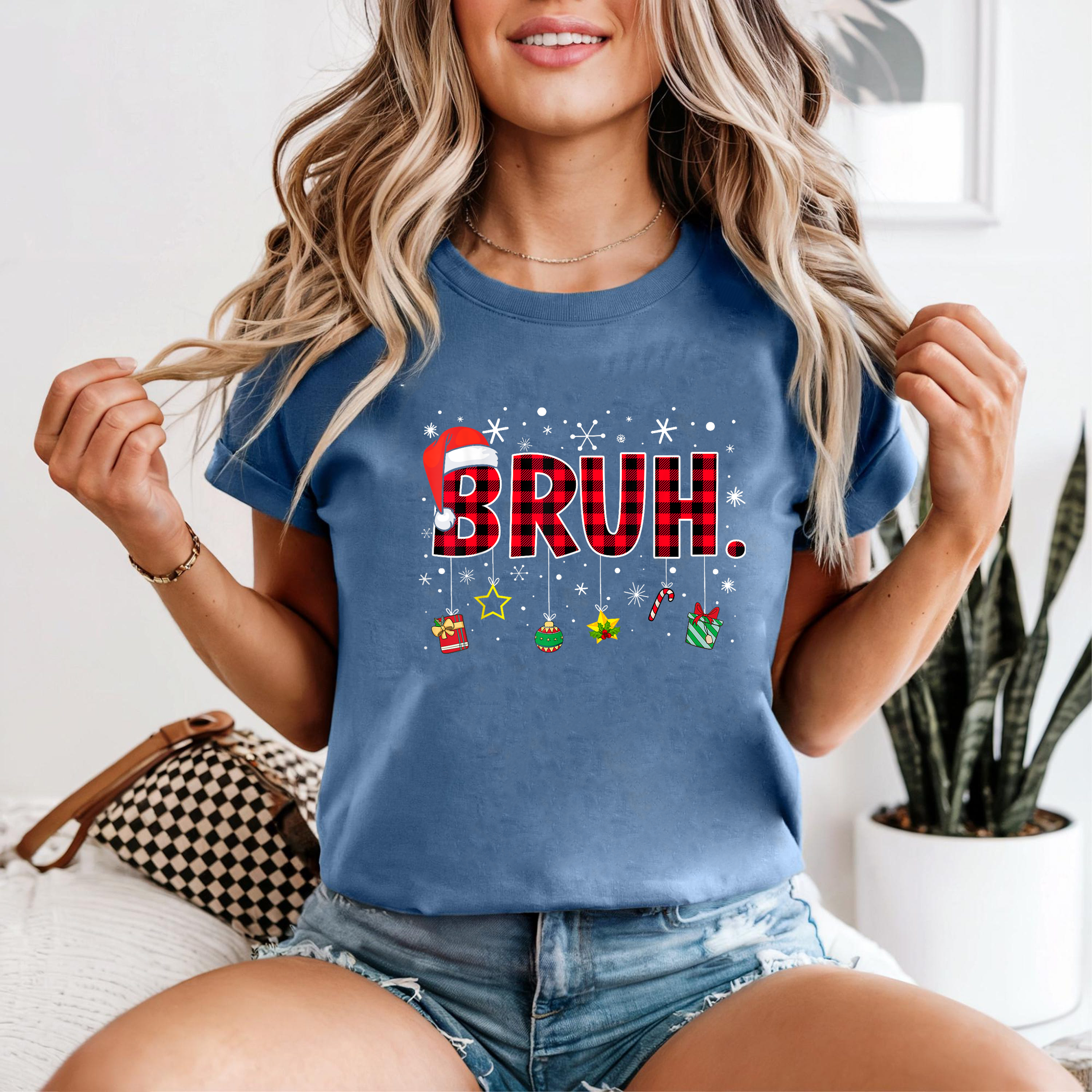 Bruh Christmas Shirt, Funny Holiday Graphic Tee, Santa Hat Buffalo Plaid Top, Trendy Xmas Party Outfit, Winter Humor Shirt Gift