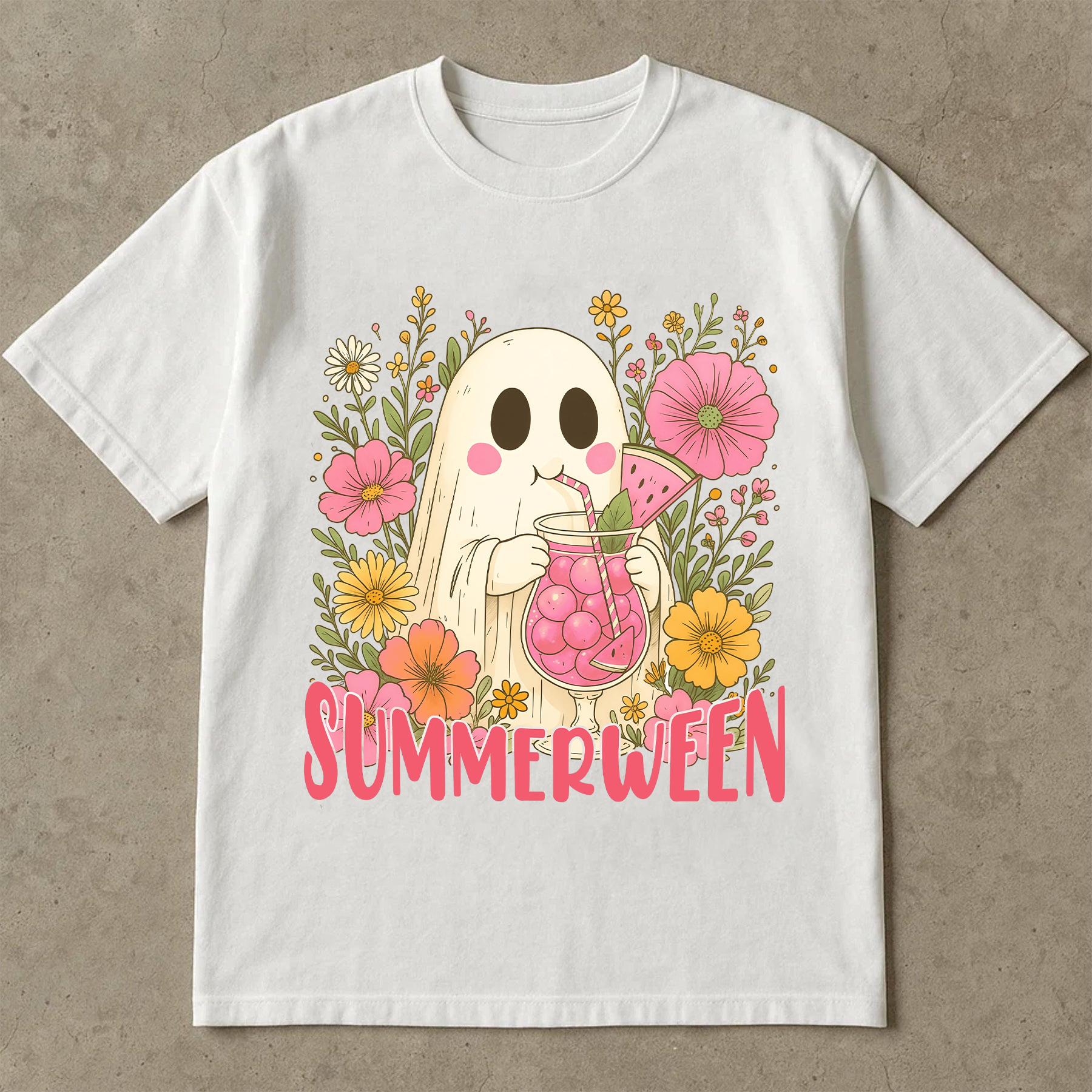 Summerween Ghost Shirt, Cute Halloween in Summer T-Shirt, Floral Spooky Season Tee, Kawaii Ghost with Drink, Funny Summer Halloween Shirt