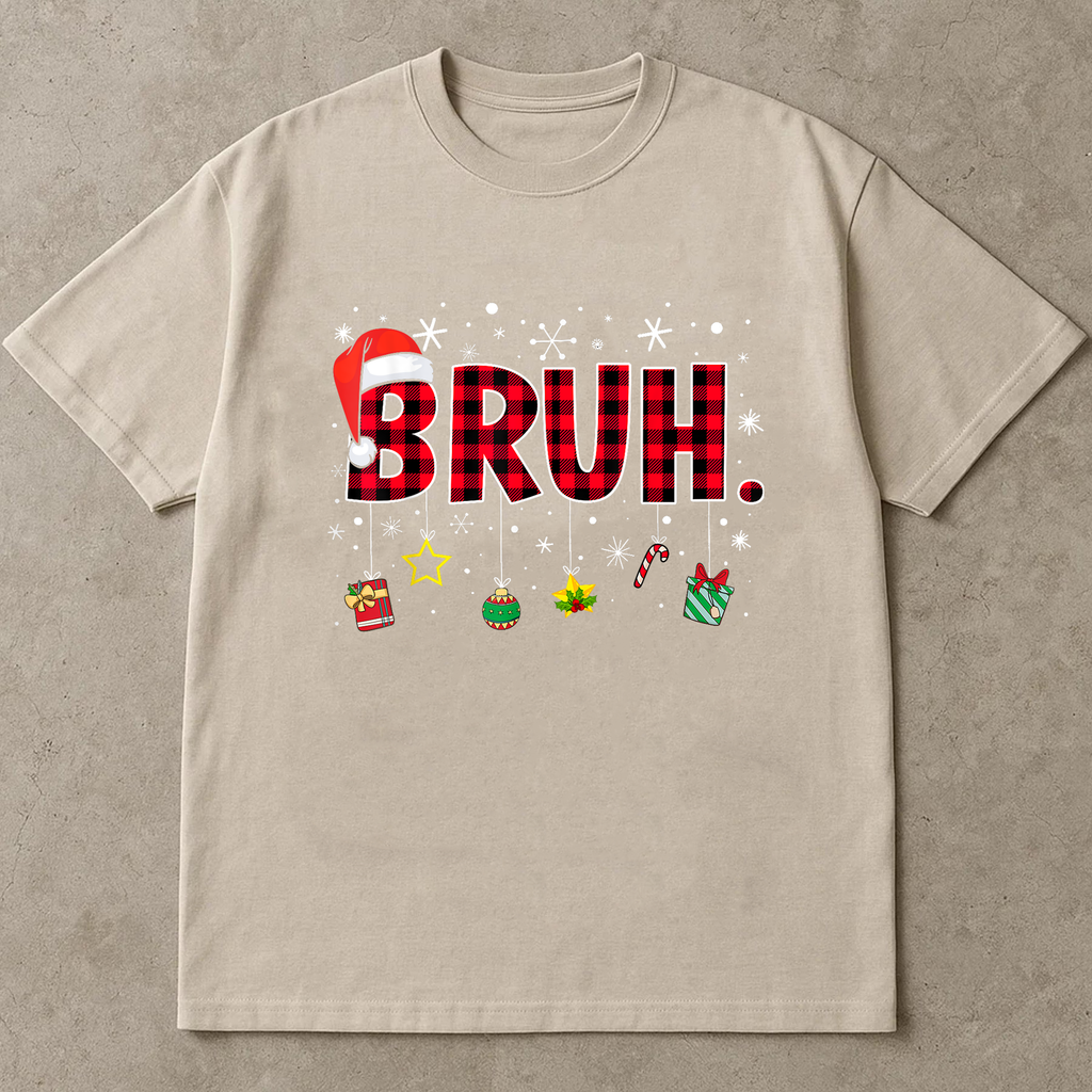 Bruh Christmas Shirt, Funny Holiday Graphic Tee, Santa Hat Buffalo Plaid Top, Trendy Xmas Party Outfit, Winter Humor Shirt Gift