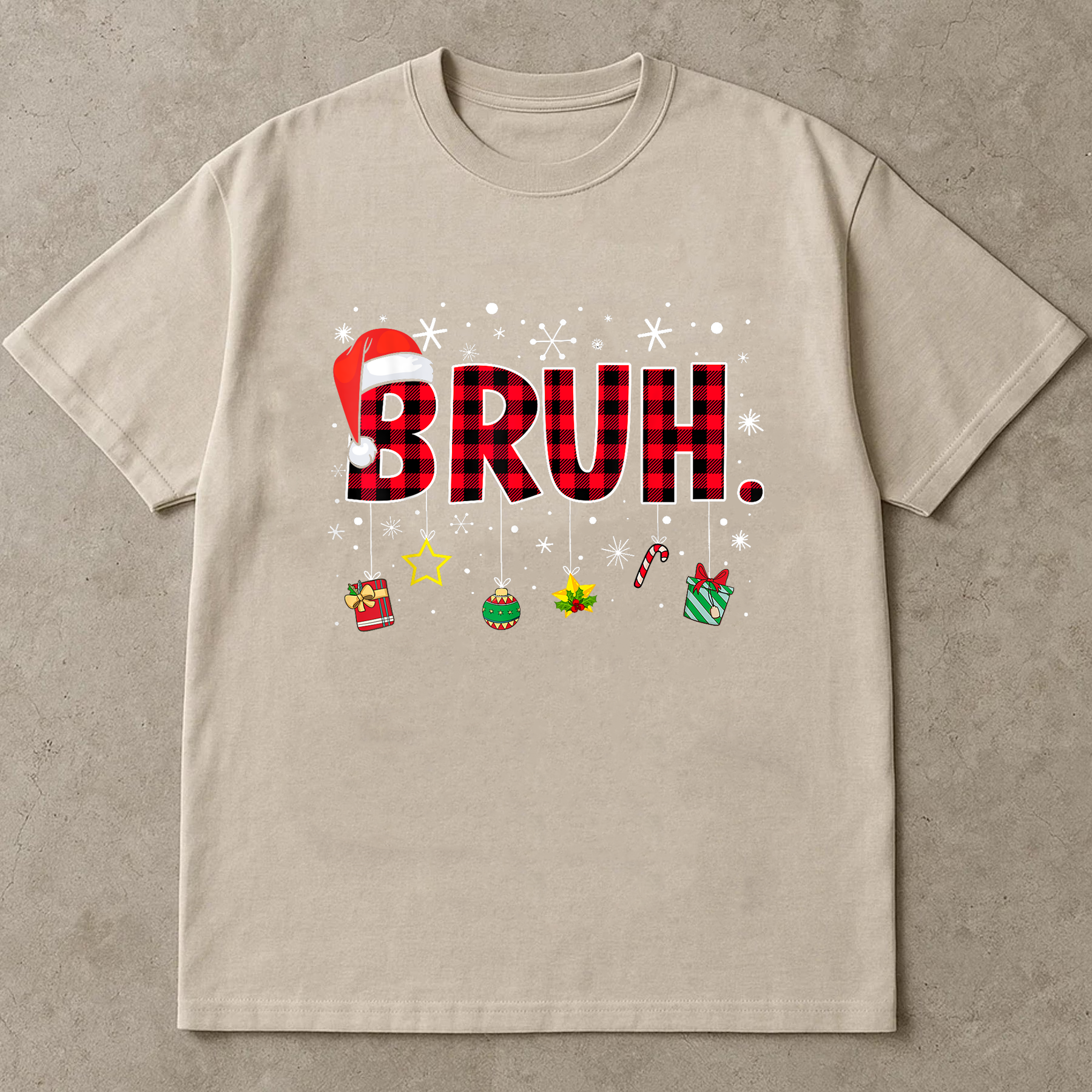 Bruh Christmas Shirt, Funny Holiday Graphic Tee, Santa Hat Buffalo Plaid Top, Trendy Xmas Party Outfit, Winter Humor Shirt Gift