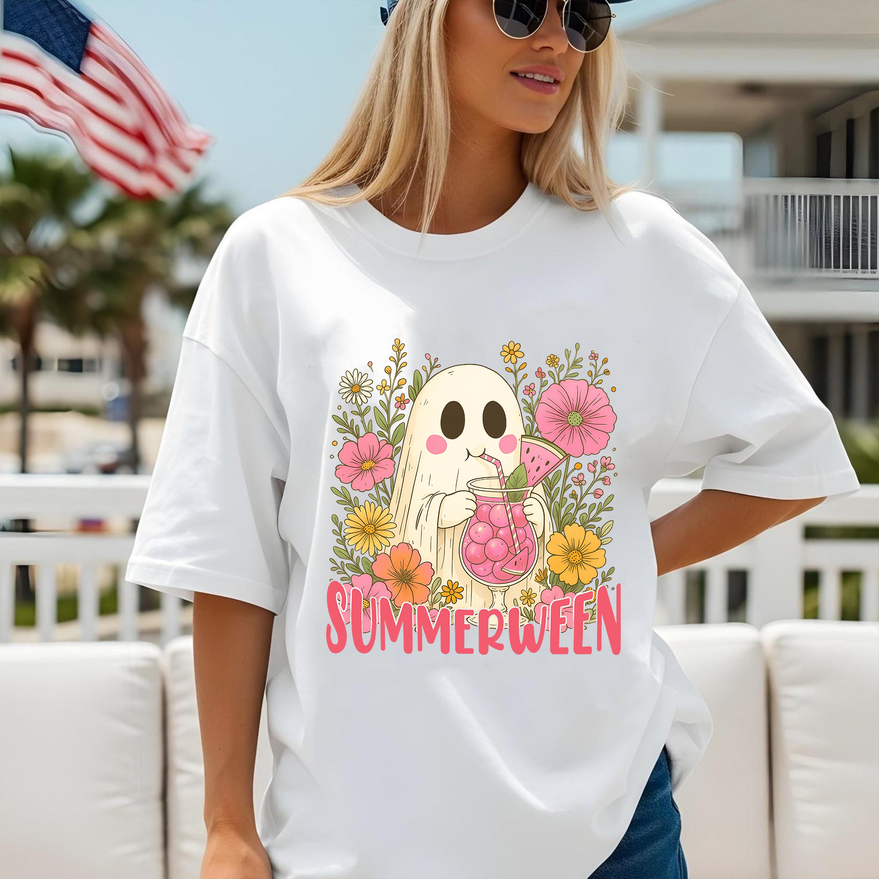 Summerween Ghost Shirt, Cute Halloween in Summer T-Shirt, Floral Spooky Season Tee, Kawaii Ghost with Drink, Funny Summer Halloween Shirt