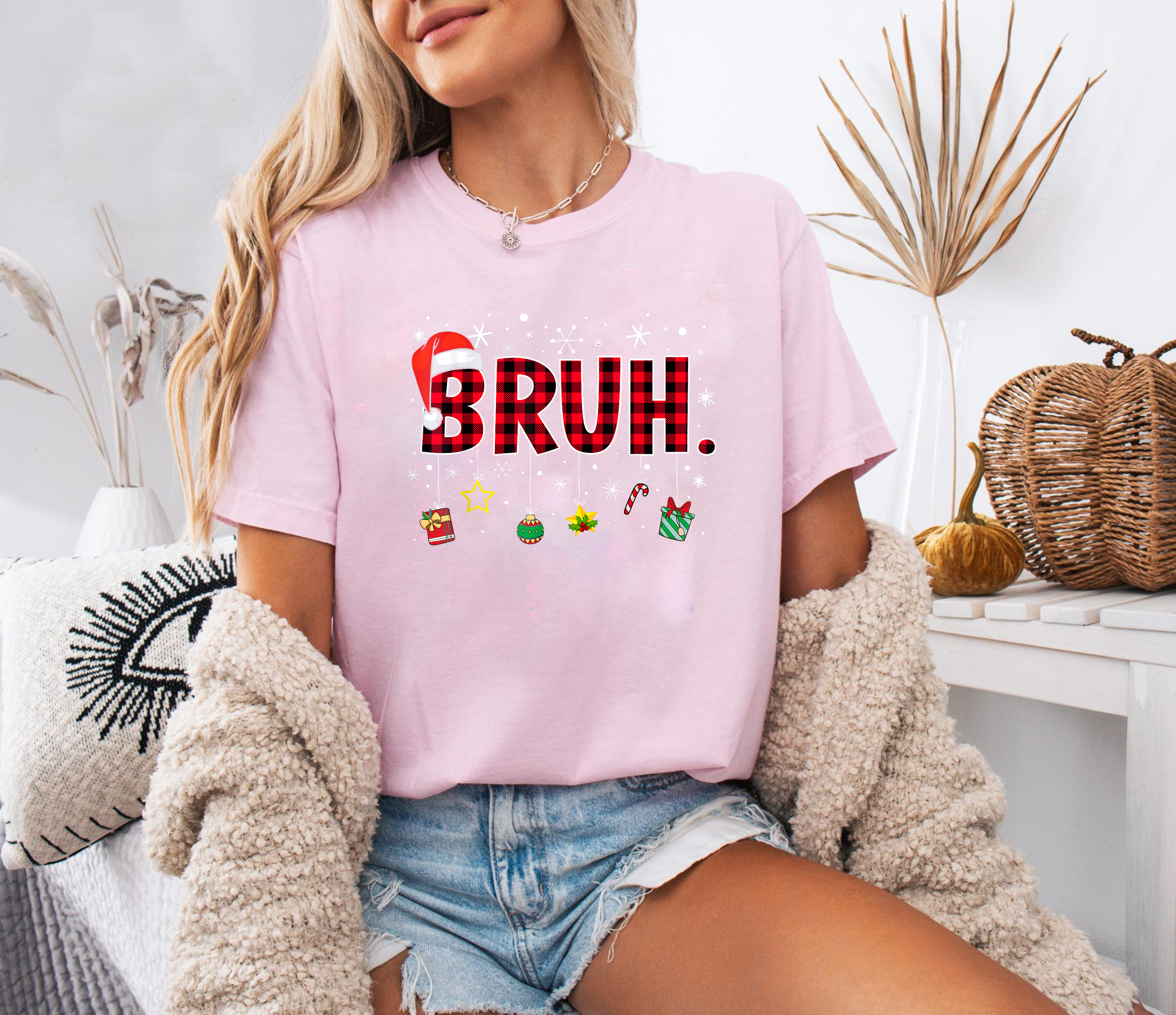 Bruh Christmas Shirt, Funny Holiday Graphic Tee, Santa Hat Buffalo Plaid Top, Trendy Xmas Party Outfit, Winter Humor Shirt Gift
