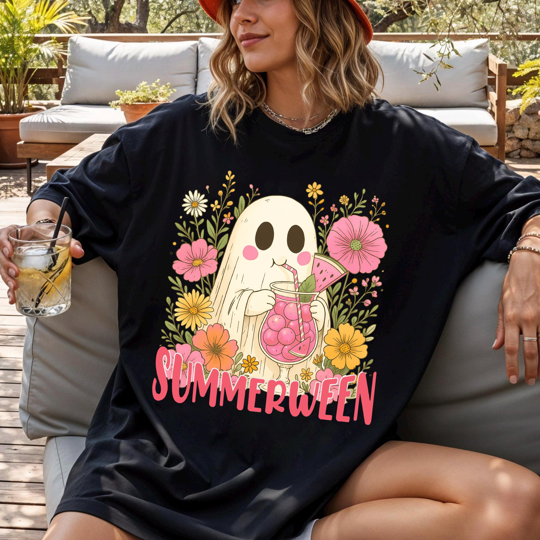 Summerween Ghost Shirt, Cute Halloween in Summer T-Shirt, Floral Spooky Season Tee, Kawaii Ghost with Drink, Funny Summer Halloween Shirt