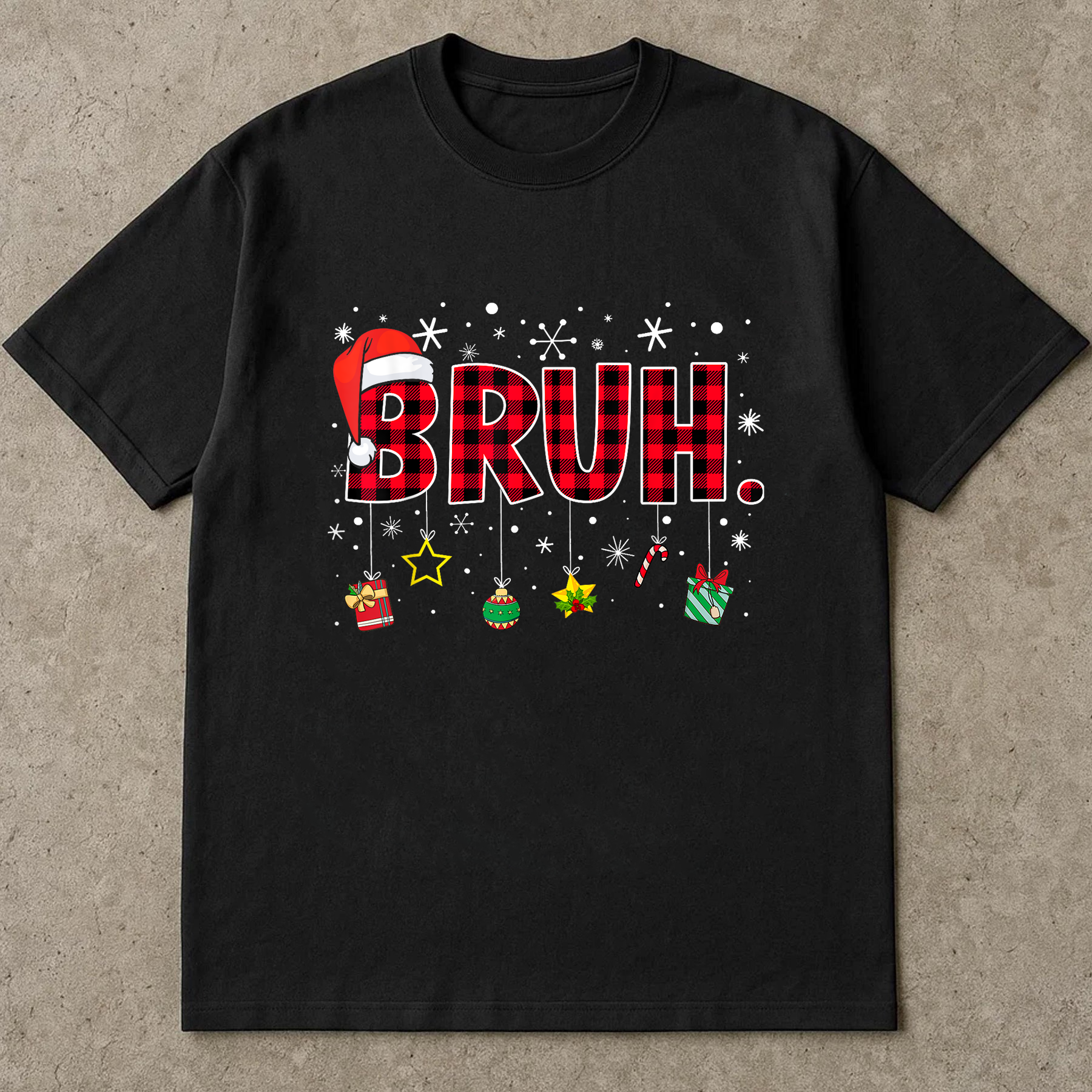 Bruh Christmas Shirt, Funny Holiday Graphic Tee, Santa Hat Buffalo Plaid Top, Trendy Xmas Party Outfit, Winter Humor Shirt Gift