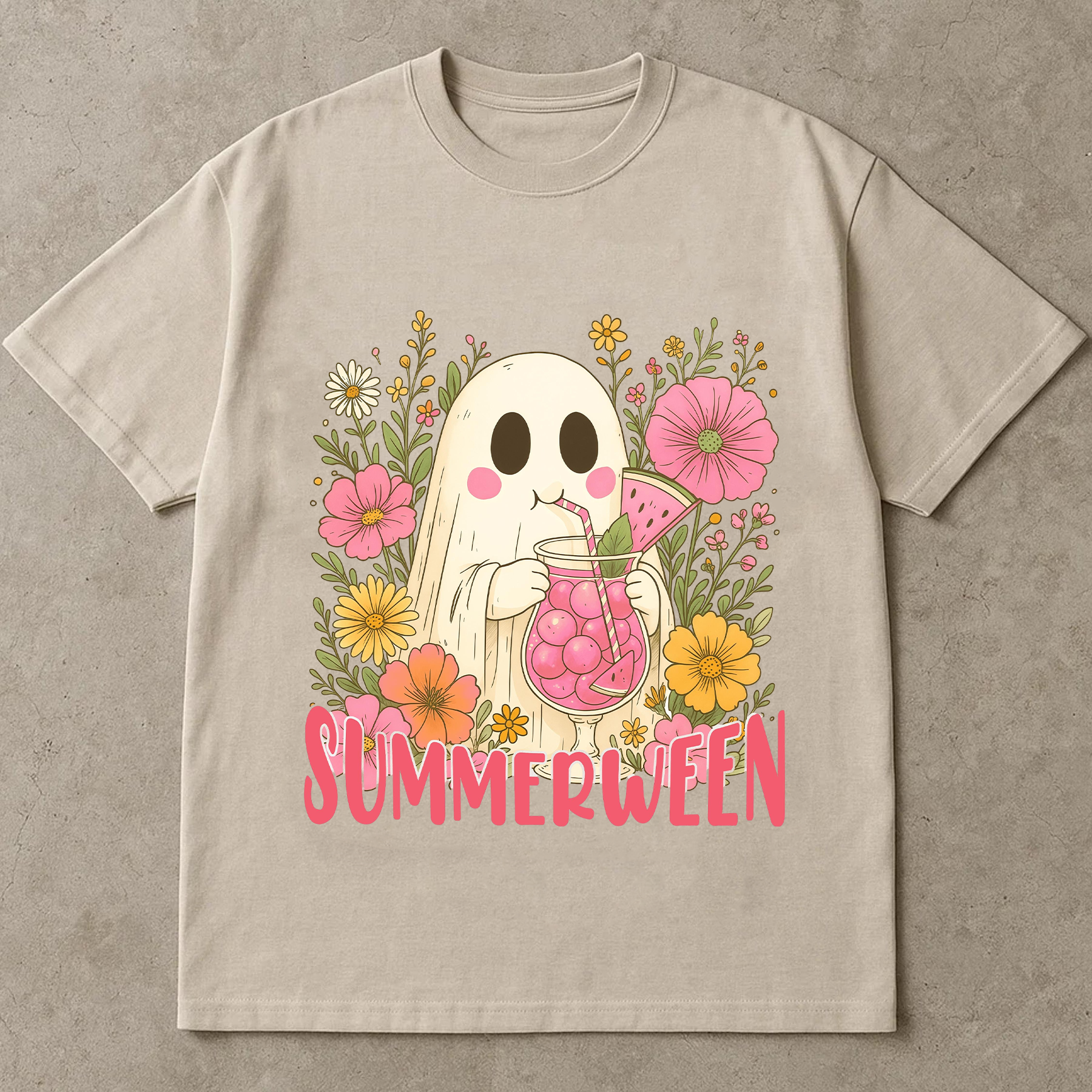 Summerween Ghost Shirt, Cute Halloween in Summer T-Shirt, Floral Spooky Season Tee, Kawaii Ghost with Drink, Funny Summer Halloween Shirt