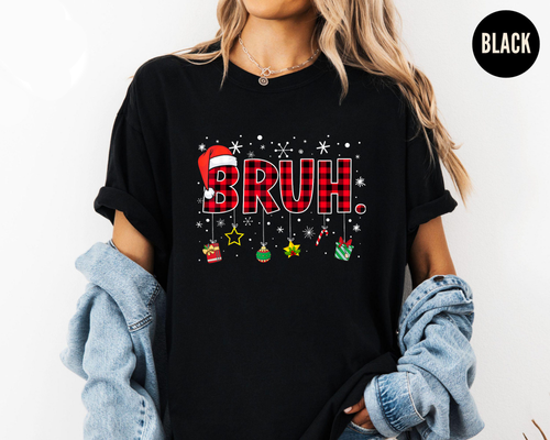 Bruh Christmas Shirt, Funny Holiday Graphic Tee, Santa Hat Buffalo Plaid Top, Trendy Xmas Party Outfit, Winter Humor Shirt Gift
