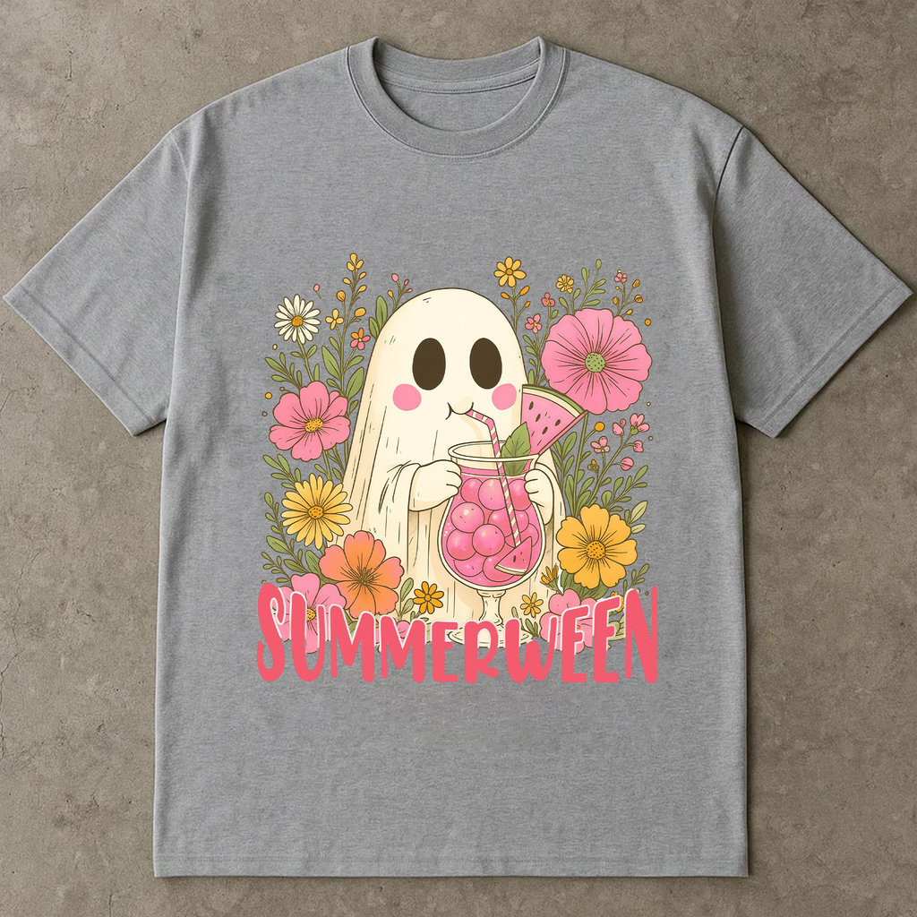 Summerween Ghost Shirt, Cute Halloween in Summer T-Shirt, Floral Spooky Season Tee, Kawaii Ghost with Drink, Funny Summer Halloween Shirt