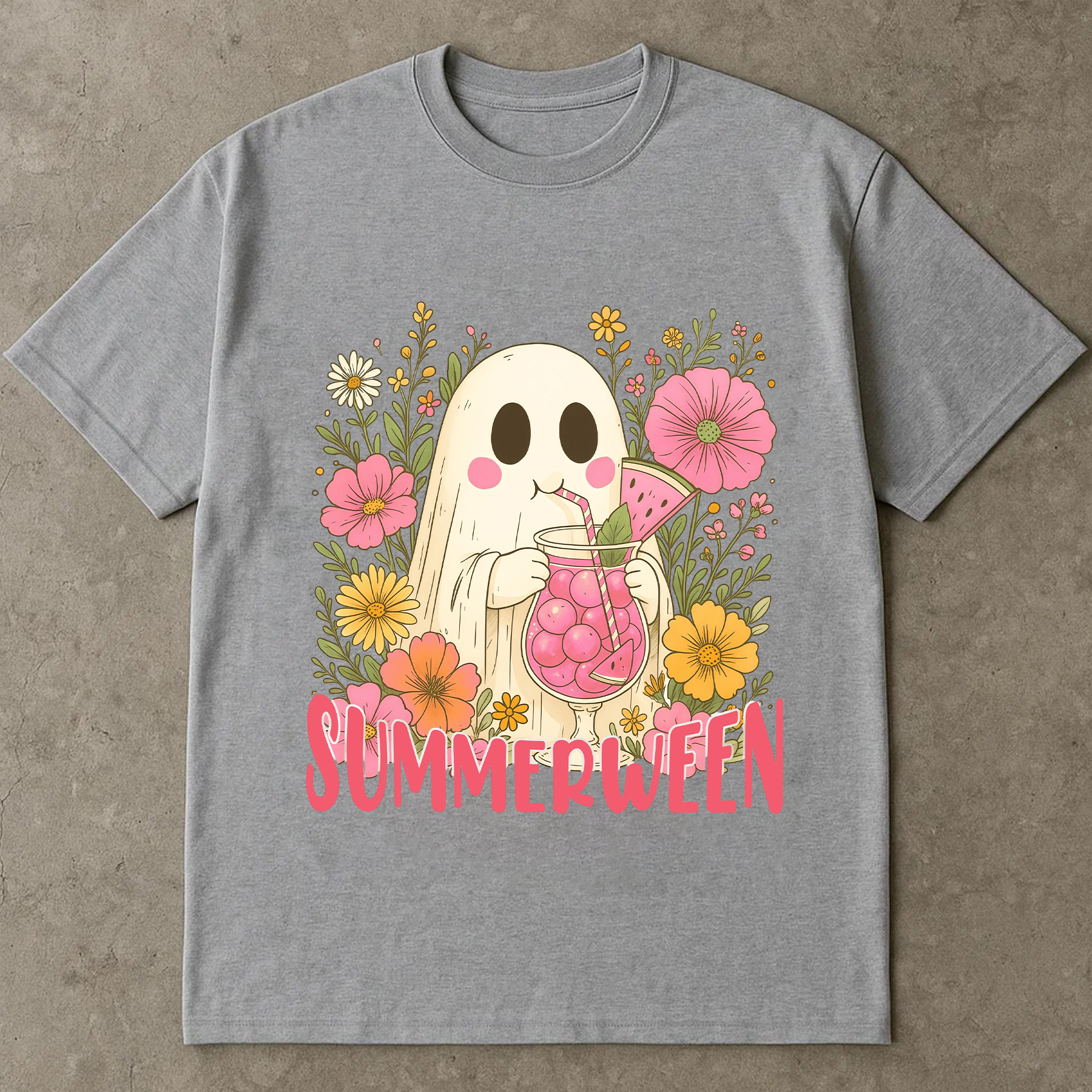 Summerween Ghost Shirt, Cute Halloween in Summer T-Shirt, Floral Spooky Season Tee, Kawaii Ghost with Drink, Funny Summer Halloween Shirt