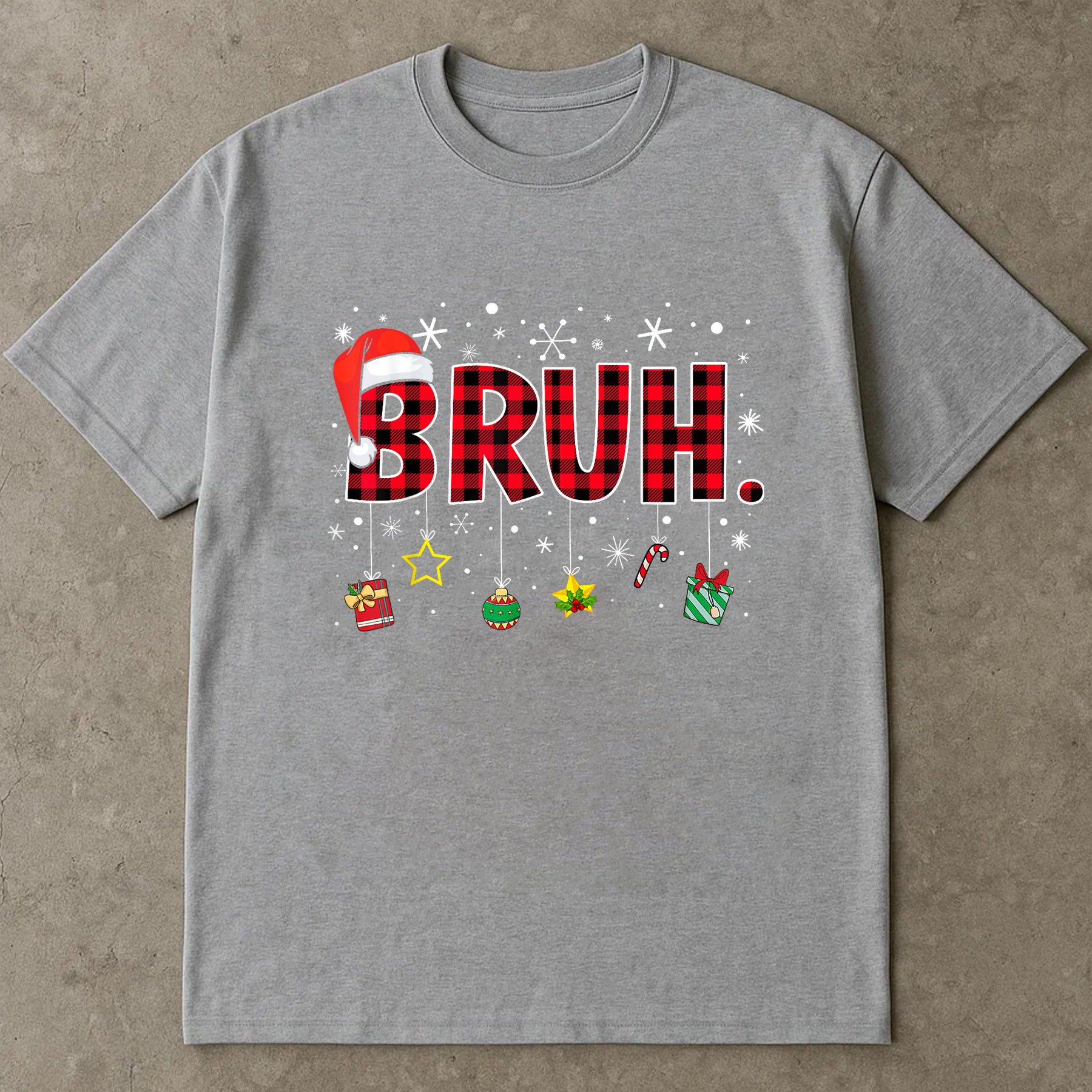 Bruh Christmas Shirt, Funny Holiday Graphic Tee, Santa Hat Buffalo Plaid Top, Trendy Xmas Party Outfit, Winter Humor Shirt Gift
