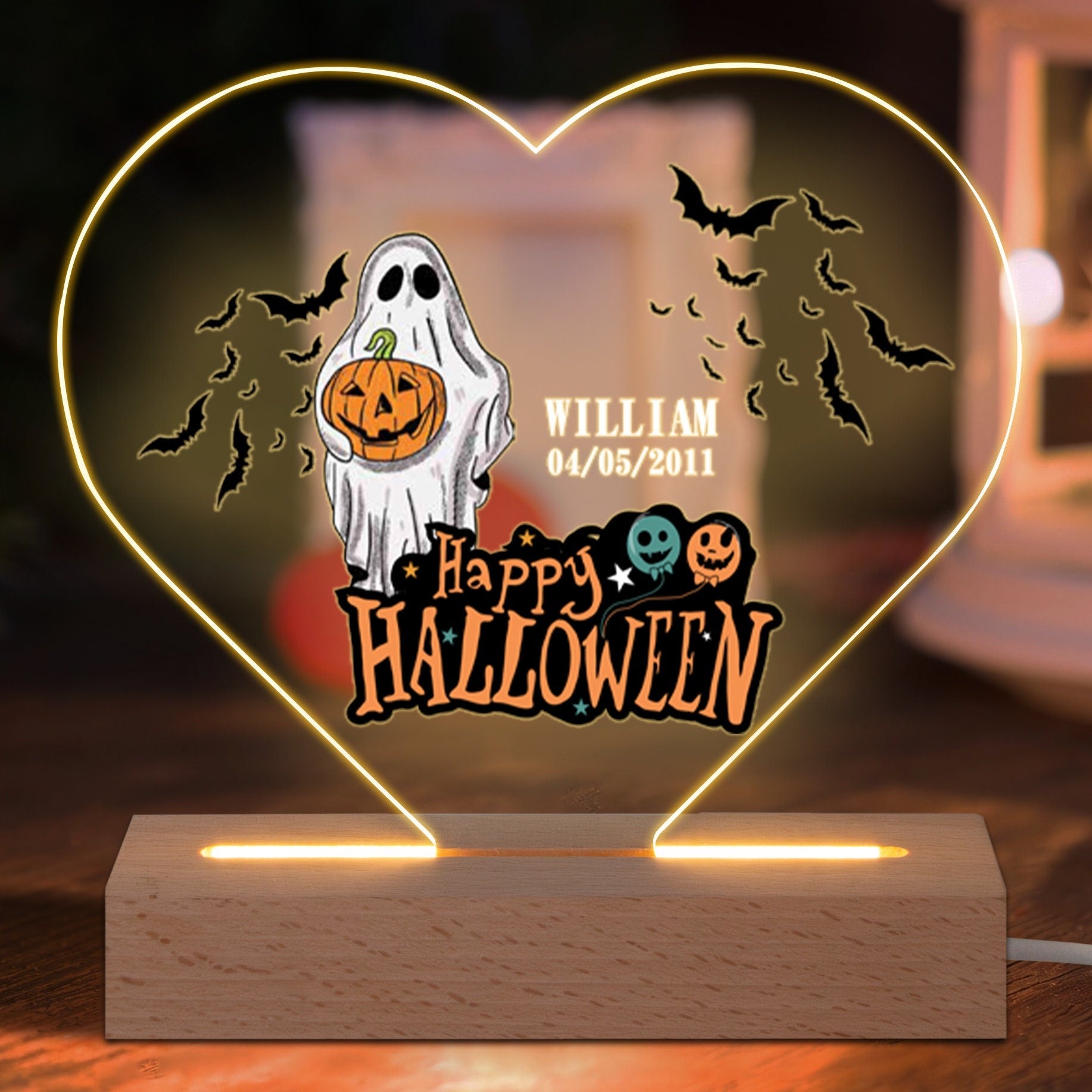 Custom Halloween Night Light, Personalized LED Lamp with Name & Date for Kids or Grandkids, Spooky Ghost Night Light, Custom GIfts