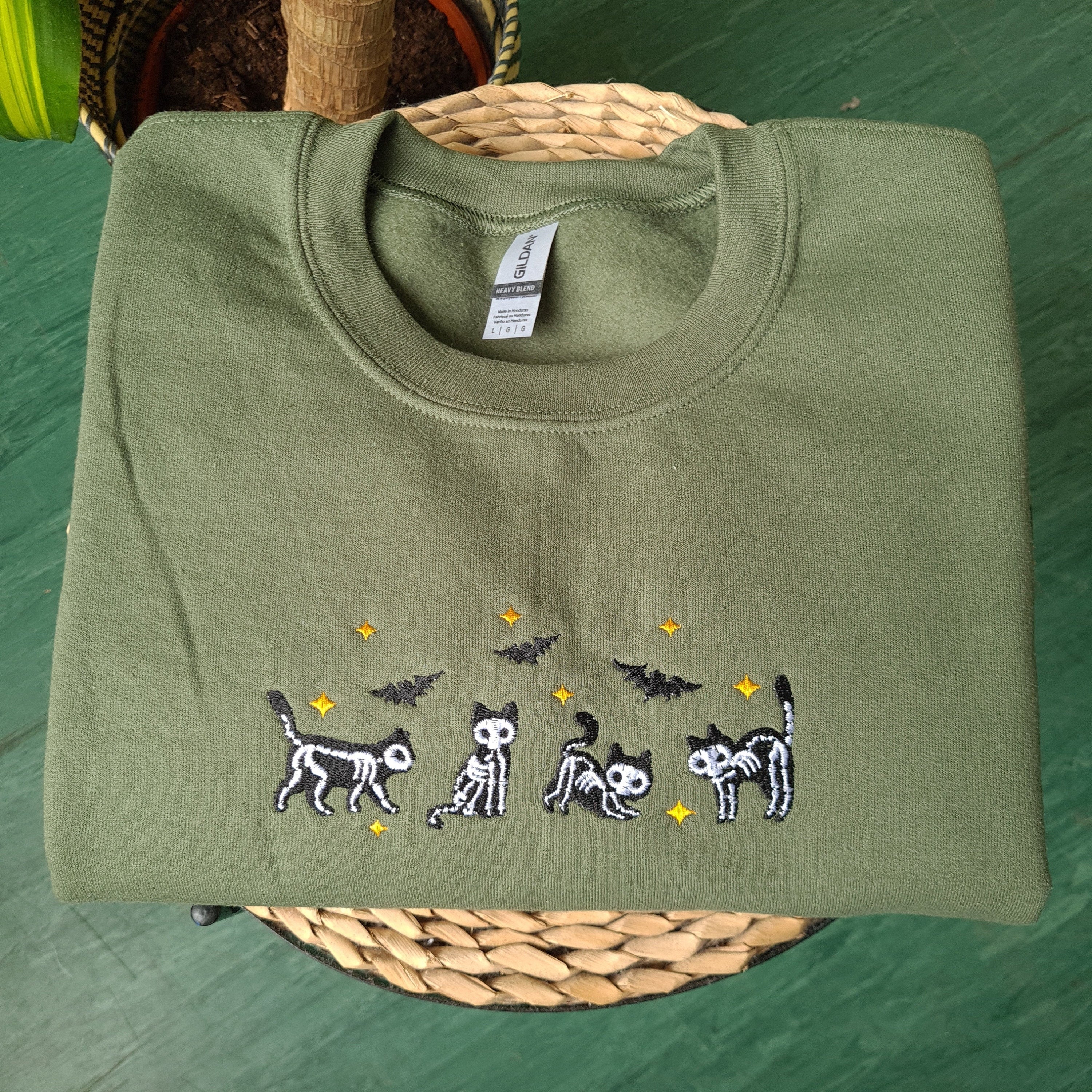 Embroidered Halloween Sweatshirt, Embroidered Skeleton Cat Halloween Sweatshirt, Embroidered Black Cat Crewneck, Spooky Cat Sweatshirt, Halloween Pet Lover Gift EBAC26