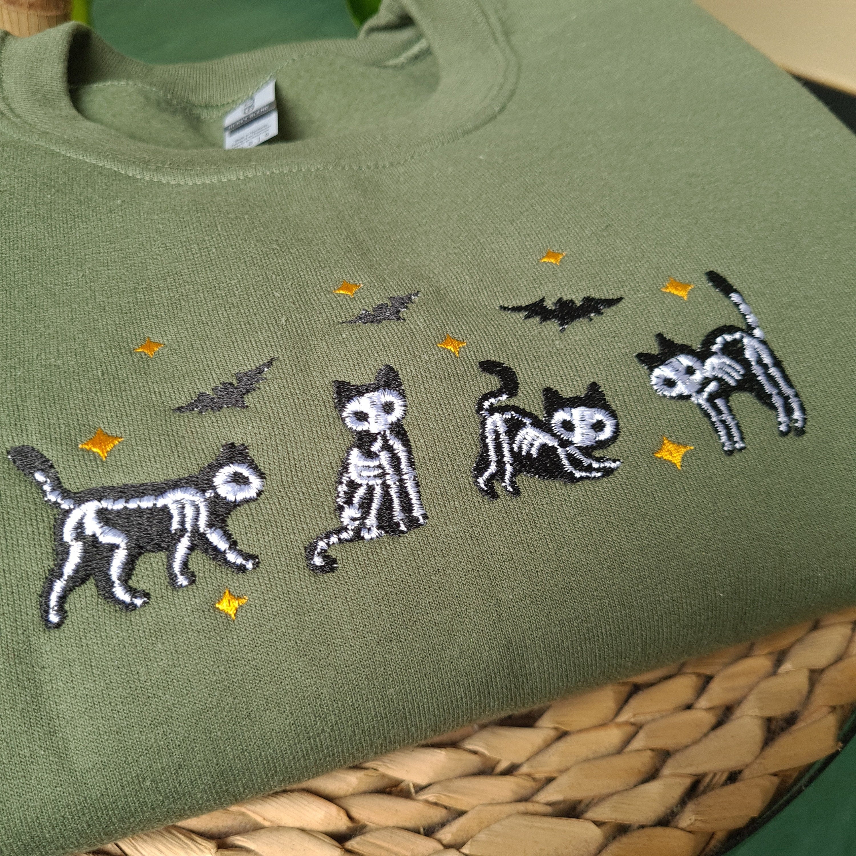 Embroidered Halloween Sweatshirt, Embroidered Skeleton Cat Halloween Sweatshirt, Embroidered Black Cat Crewneck, Spooky Cat Sweatshirt, Halloween Pet Lover Gift EBAC26