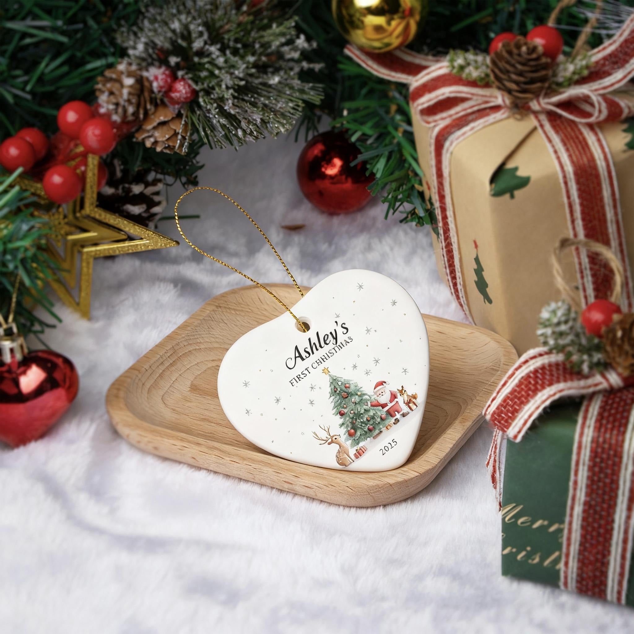 Baby's First Christmas Decoration, Keepsake Christmas Bauble Gift Ceramic Ornament, Personalized Baby's 1st Christmas Scene Decoration