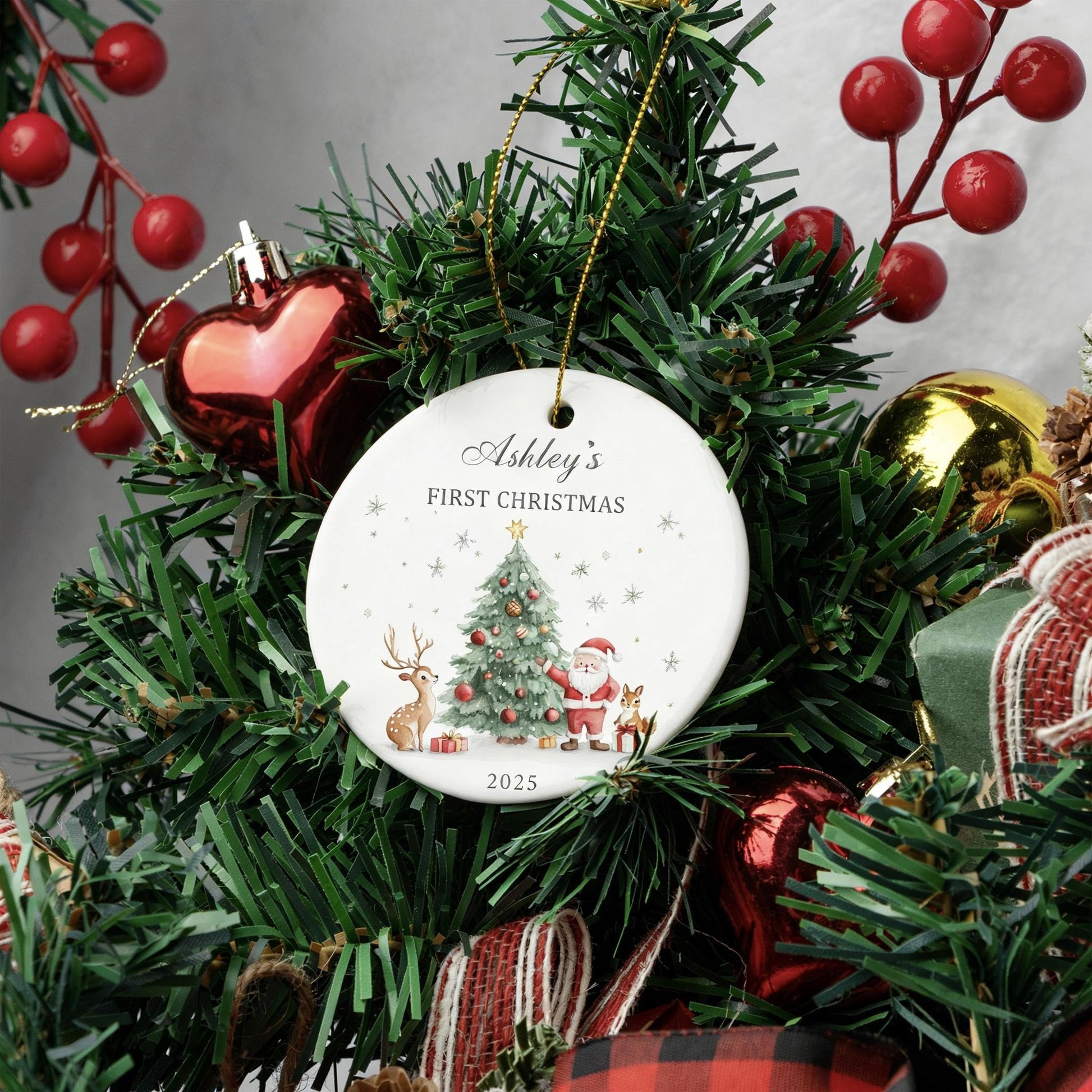 Baby's First Christmas Decoration, Keepsake Christmas Bauble Gift Ceramic Ornament, Personalized Baby's 1st Christmas Scene Decoration