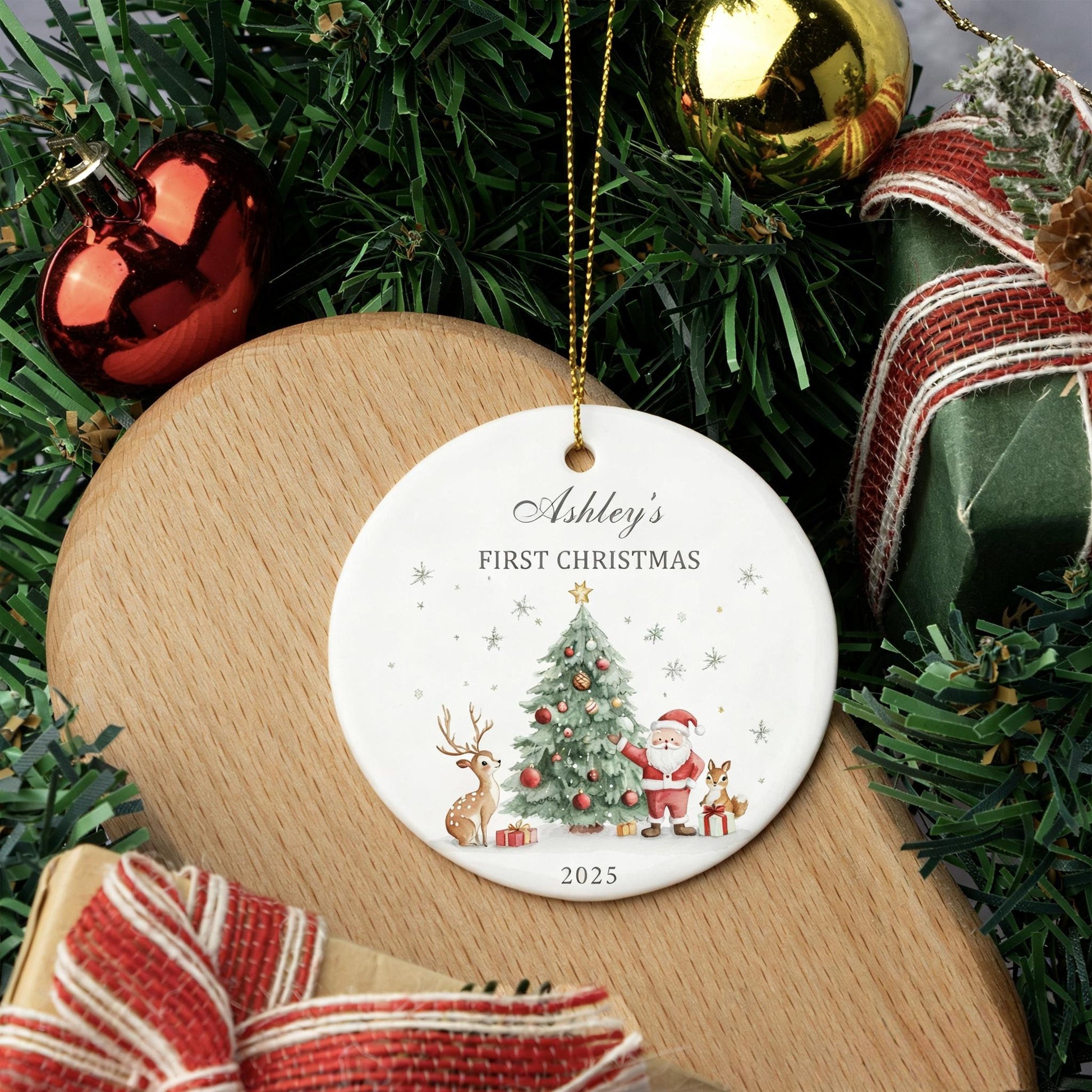 Baby's First Christmas Decoration, Keepsake Christmas Bauble Gift Ceramic Ornament, Personalized Baby's 1st Christmas Scene Decoration