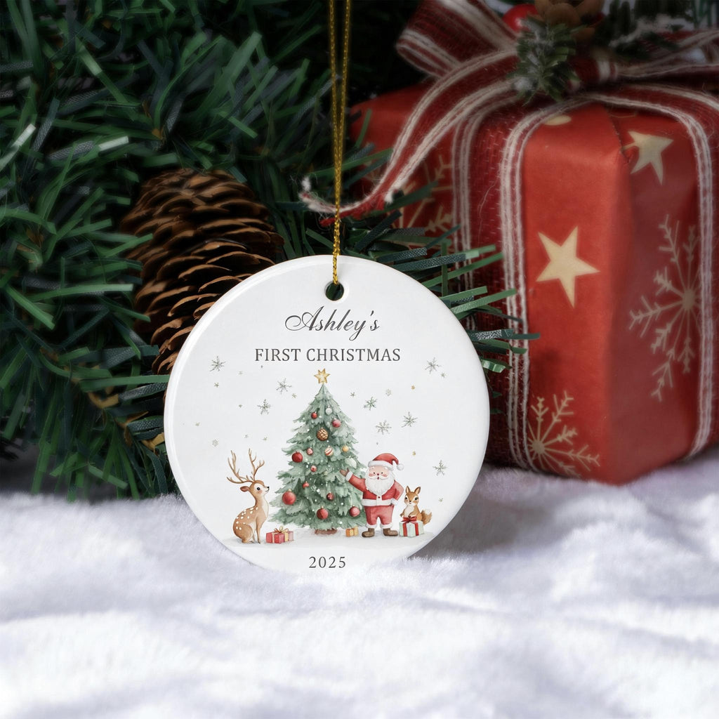 Baby's First Christmas Decoration, Keepsake Christmas Bauble Gift Ceramic Ornament, Personalized Baby's 1st Christmas Scene Decoration
