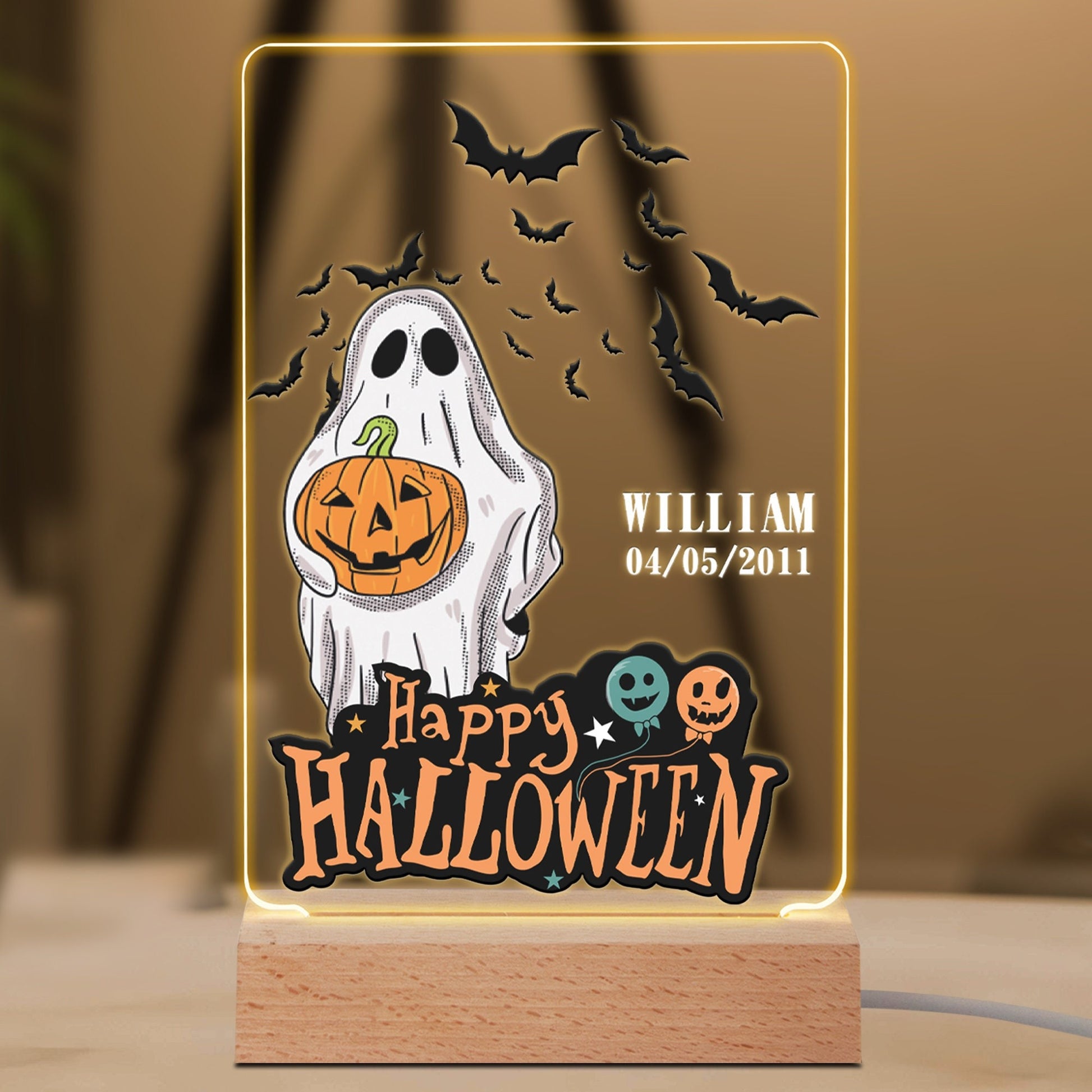 Custom Halloween Night Light, Personalized LED Lamp with Name & Date for Kids or Grandkids, Spooky Ghost Night Light, Custom GIfts