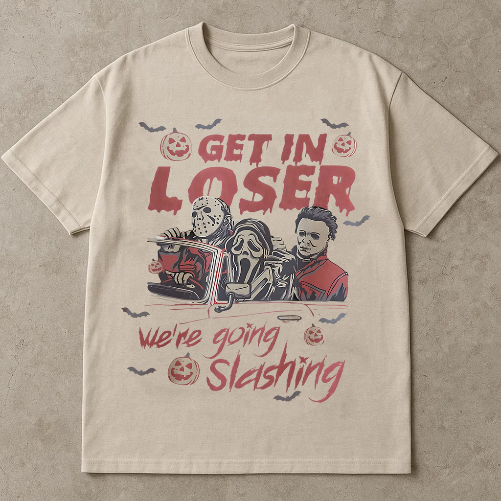 Funny Halloween Shirt, Get In Loser We’re Going Slashing, Retro Slasher Villain Tee, Scary Movie Inspired Graphic T-Shirt