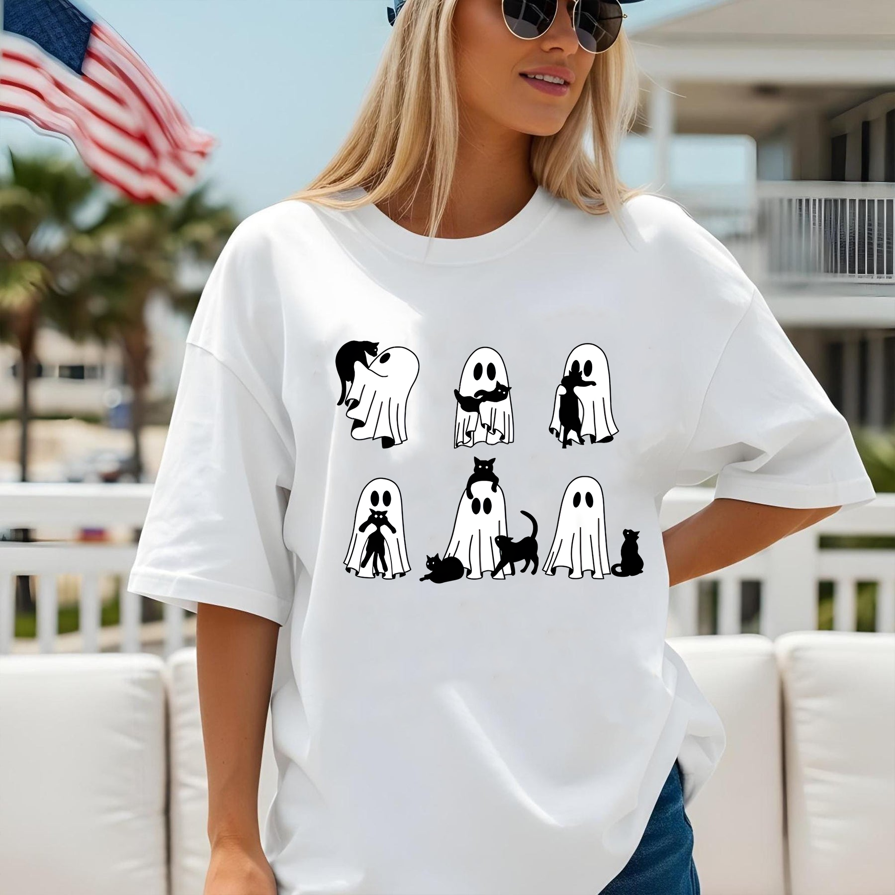 Cute Ghost Cat T-Shirt, Funny Halloween Shirt for Women, Spooky Cat Lover Tee, Aesthetic Ghost Shirt, Cute Fall Outfit, Ghost and Cat Shirt