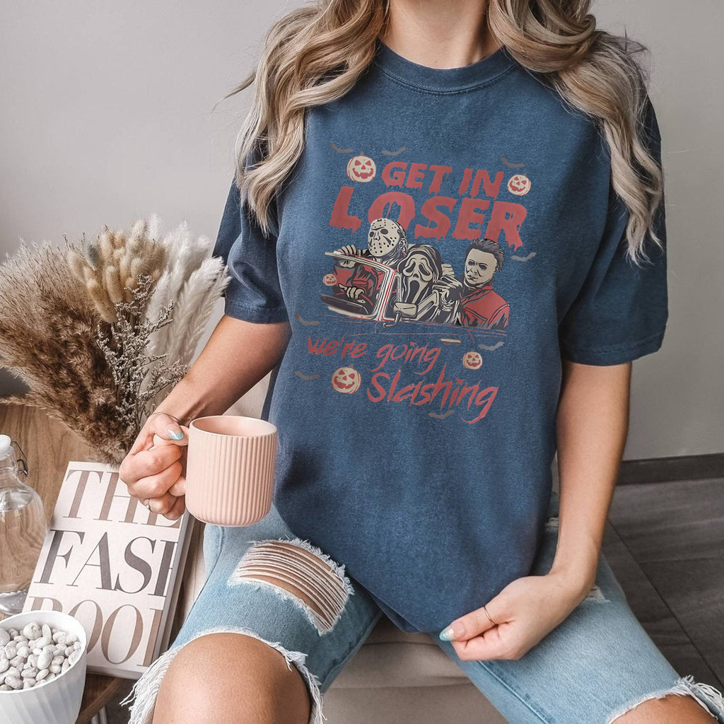 Funny Halloween Shirt, Get In Loser We’re Going Slashing, Retro Slasher Villain Tee, Scary Movie Inspired Graphic T-Shirt