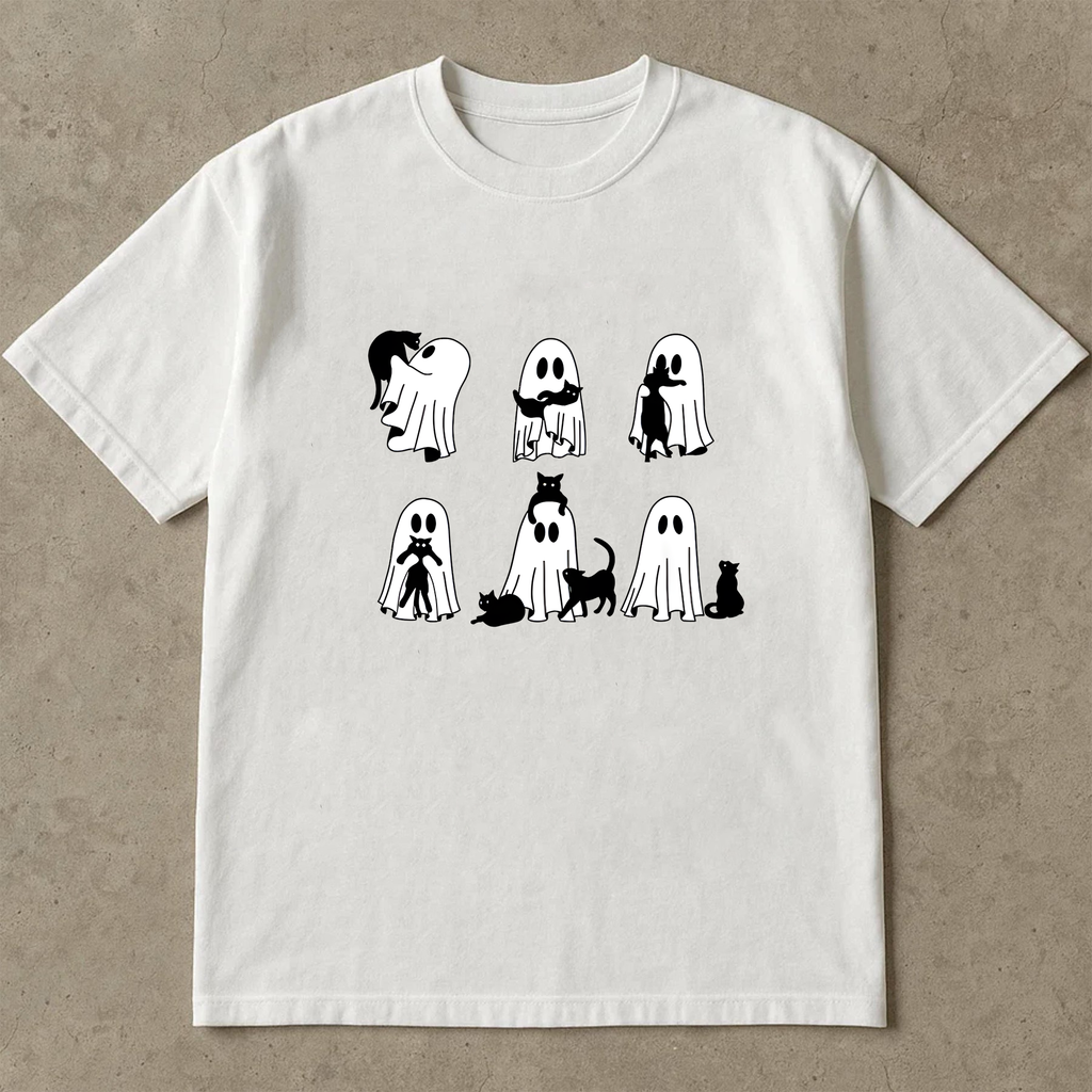 Cute Ghost Cat T-Shirt, Funny Halloween Shirt for Women, Spooky Cat Lover Tee, Aesthetic Ghost Shirt, Cute Fall Outfit, Ghost and Cat Shirt