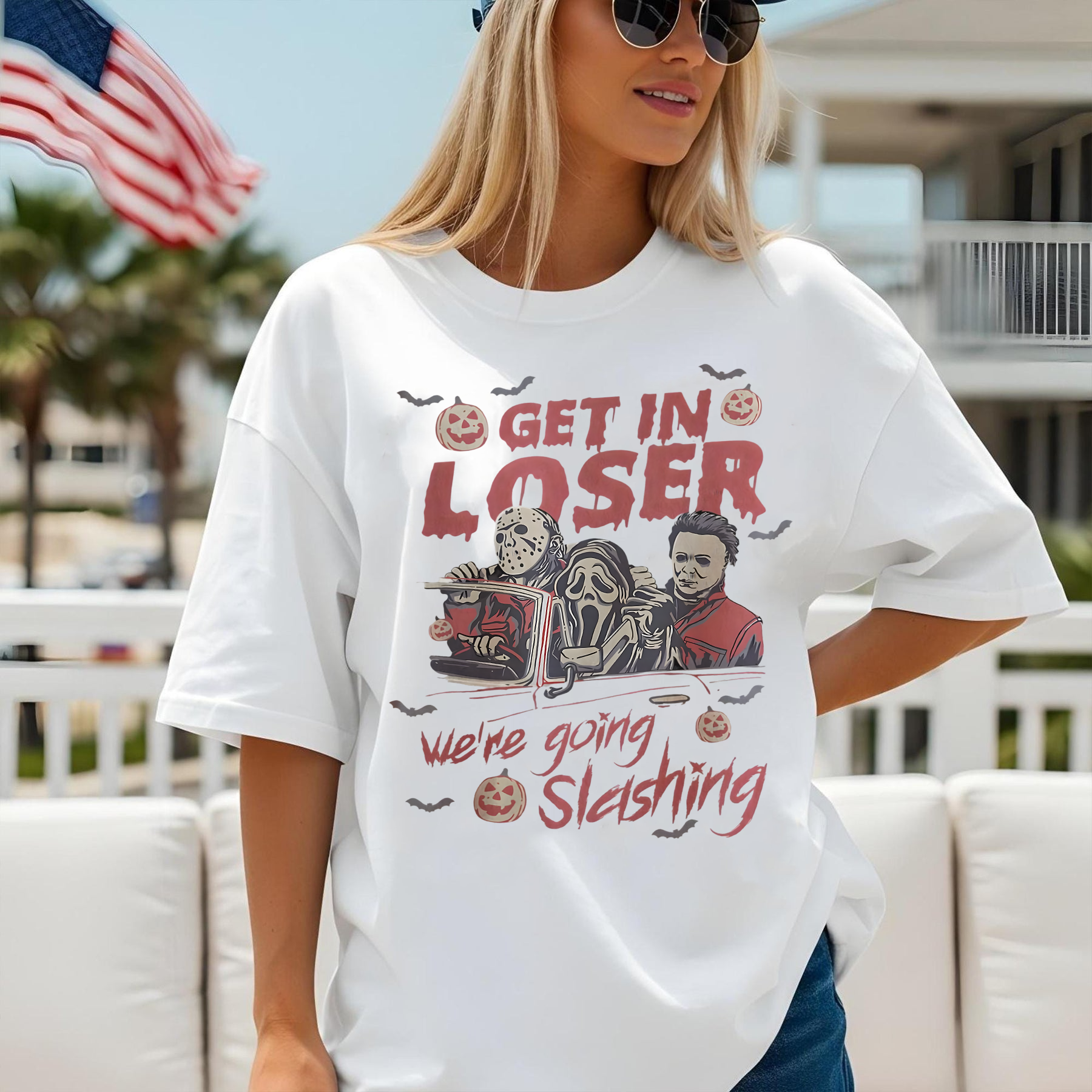 Funny Halloween Shirt, Get In Loser We’re Going Slashing, Retro Slasher Villain Tee, Scary Movie Inspired Graphic T-Shirt