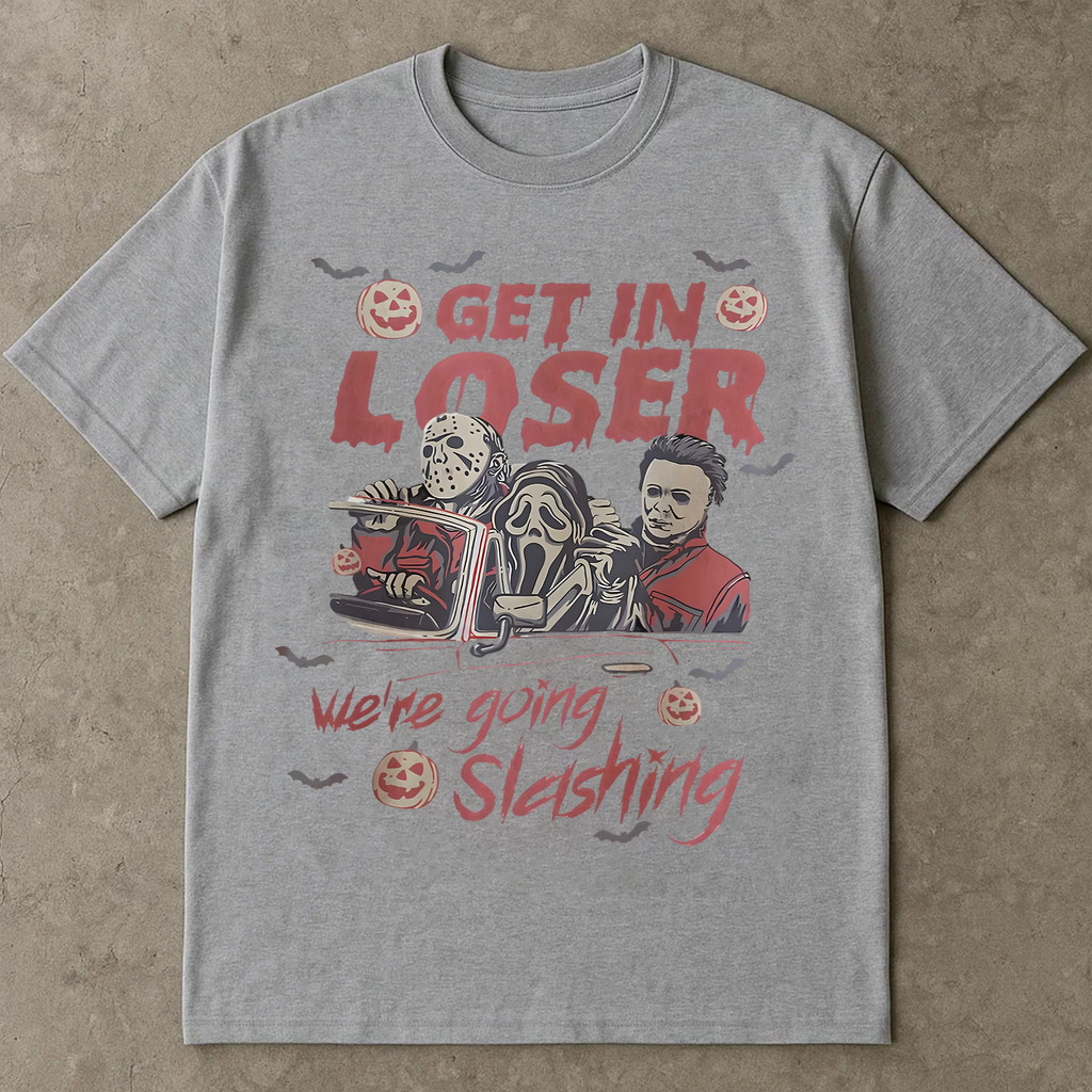 Funny Halloween Shirt, Get In Loser We’re Going Slashing, Retro Slasher Villain Tee, Scary Movie Inspired Graphic T-Shirt