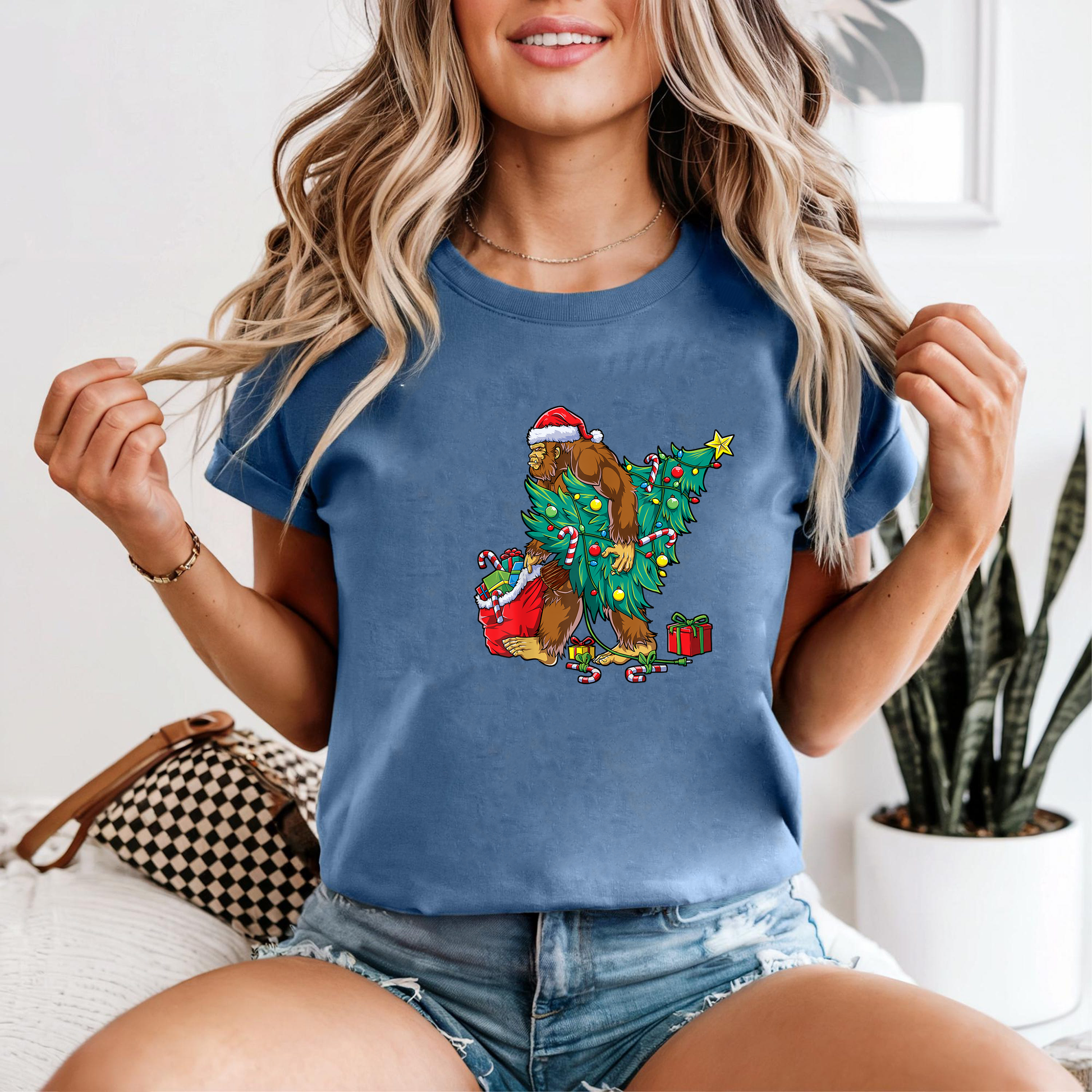 Bigfoot Christmas Tree Shirt, Funny Sasquatch Santa Tee, Candy Cane Gift Top, Festive Holiday Outfit, Retro Xmas Party T-Shirt