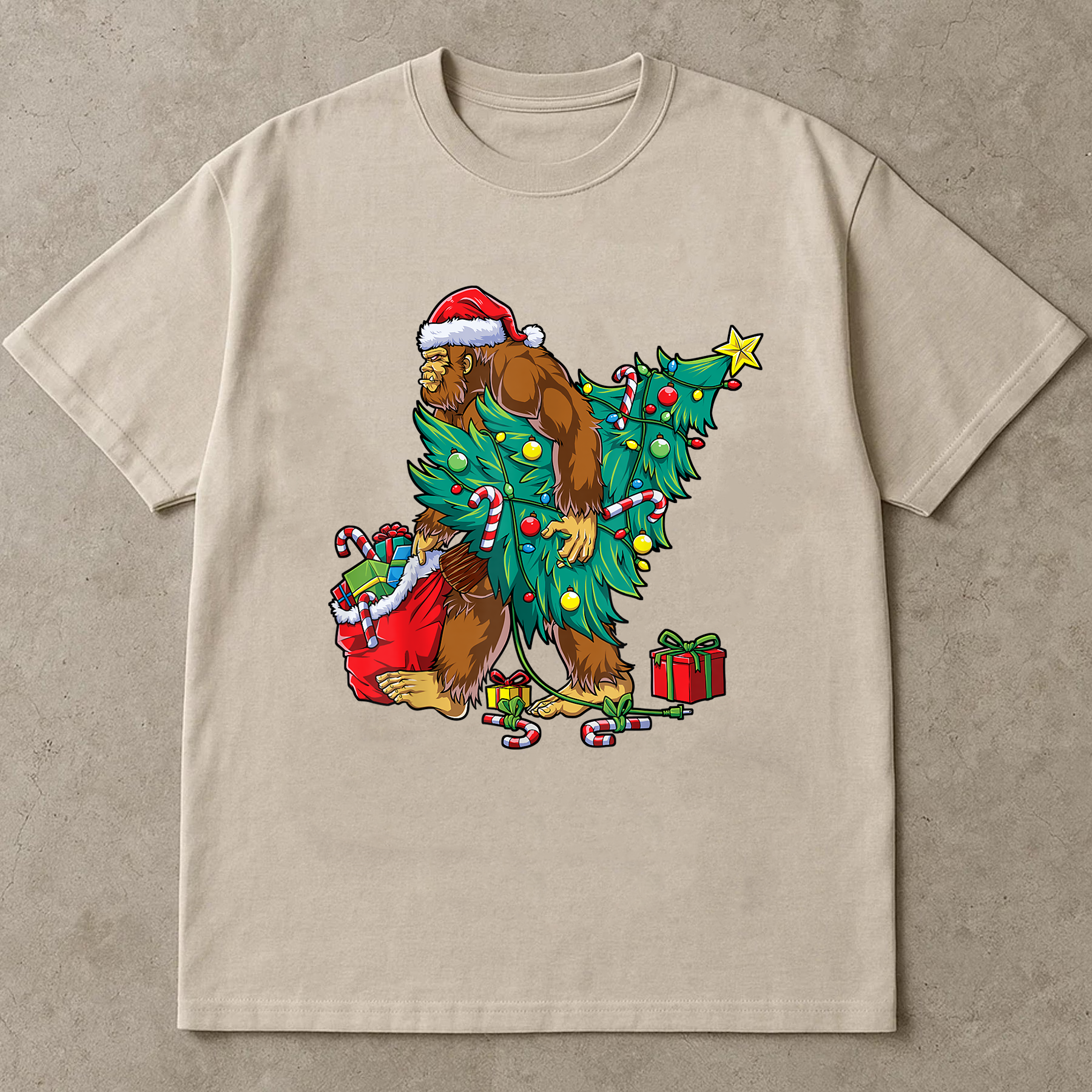 Bigfoot Christmas Tree Shirt, Funny Sasquatch Santa Tee, Candy Cane Gift Top, Festive Holiday Outfit, Retro Xmas Party T-Shirt
