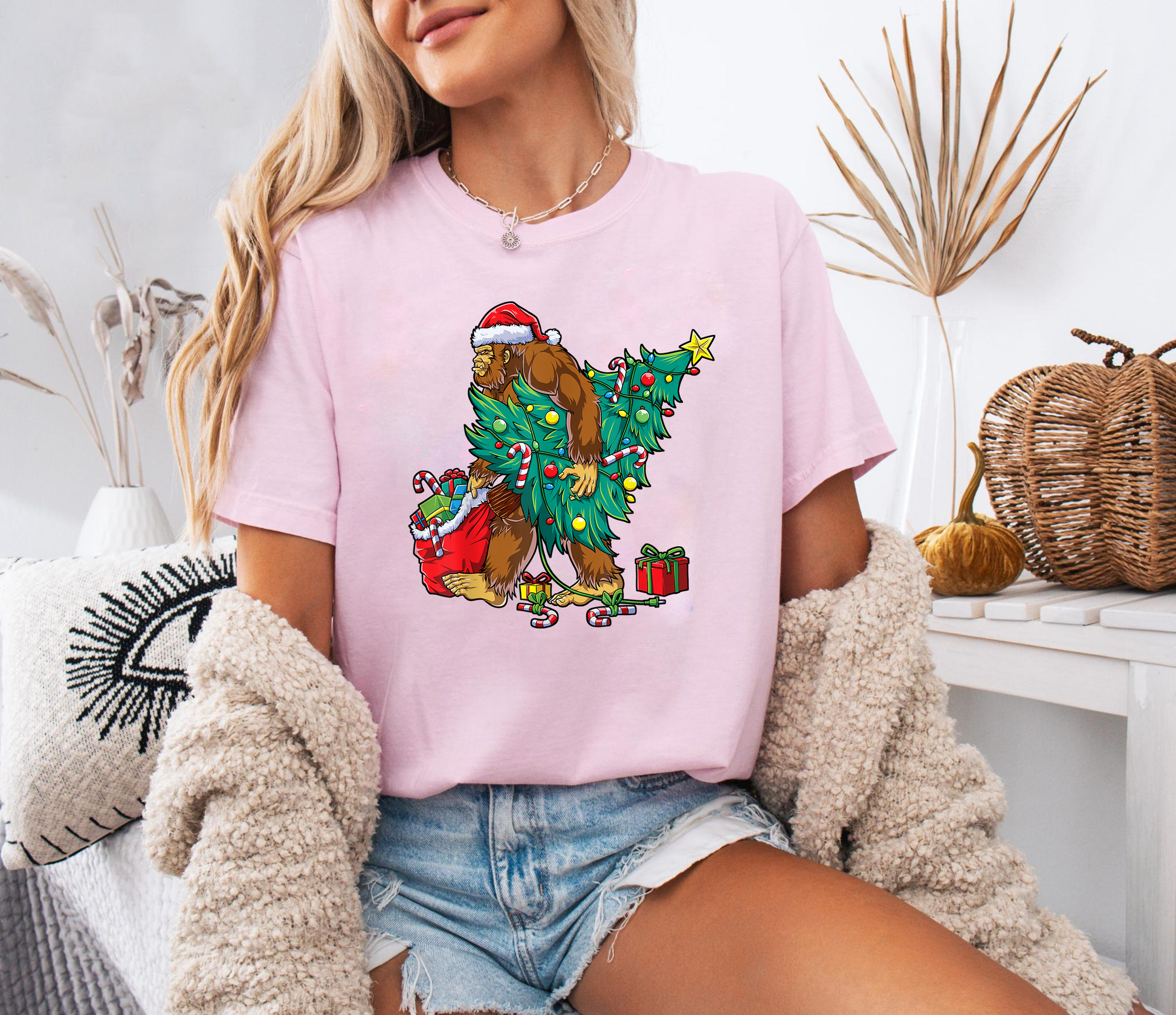 Bigfoot Christmas Tree Shirt, Funny Sasquatch Santa Tee, Candy Cane Gift Top, Festive Holiday Outfit, Retro Xmas Party T-Shirt