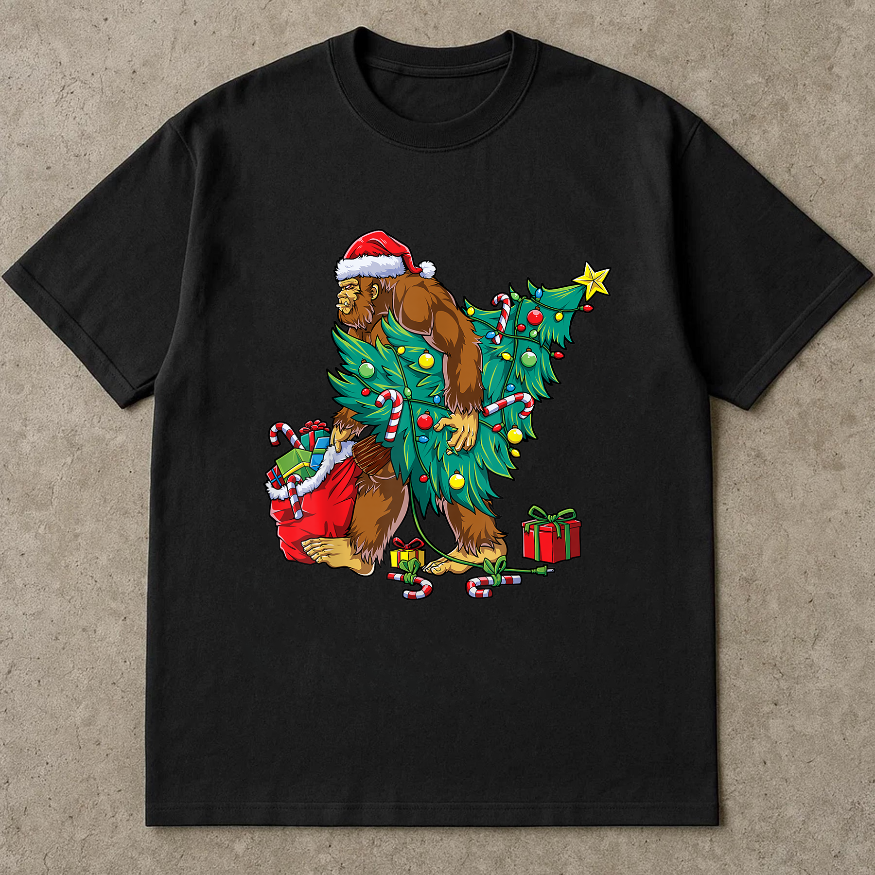 Bigfoot Christmas Tree Shirt, Funny Sasquatch Santa Tee, Candy Cane Gift Top, Festive Holiday Outfit, Retro Xmas Party T-Shirt