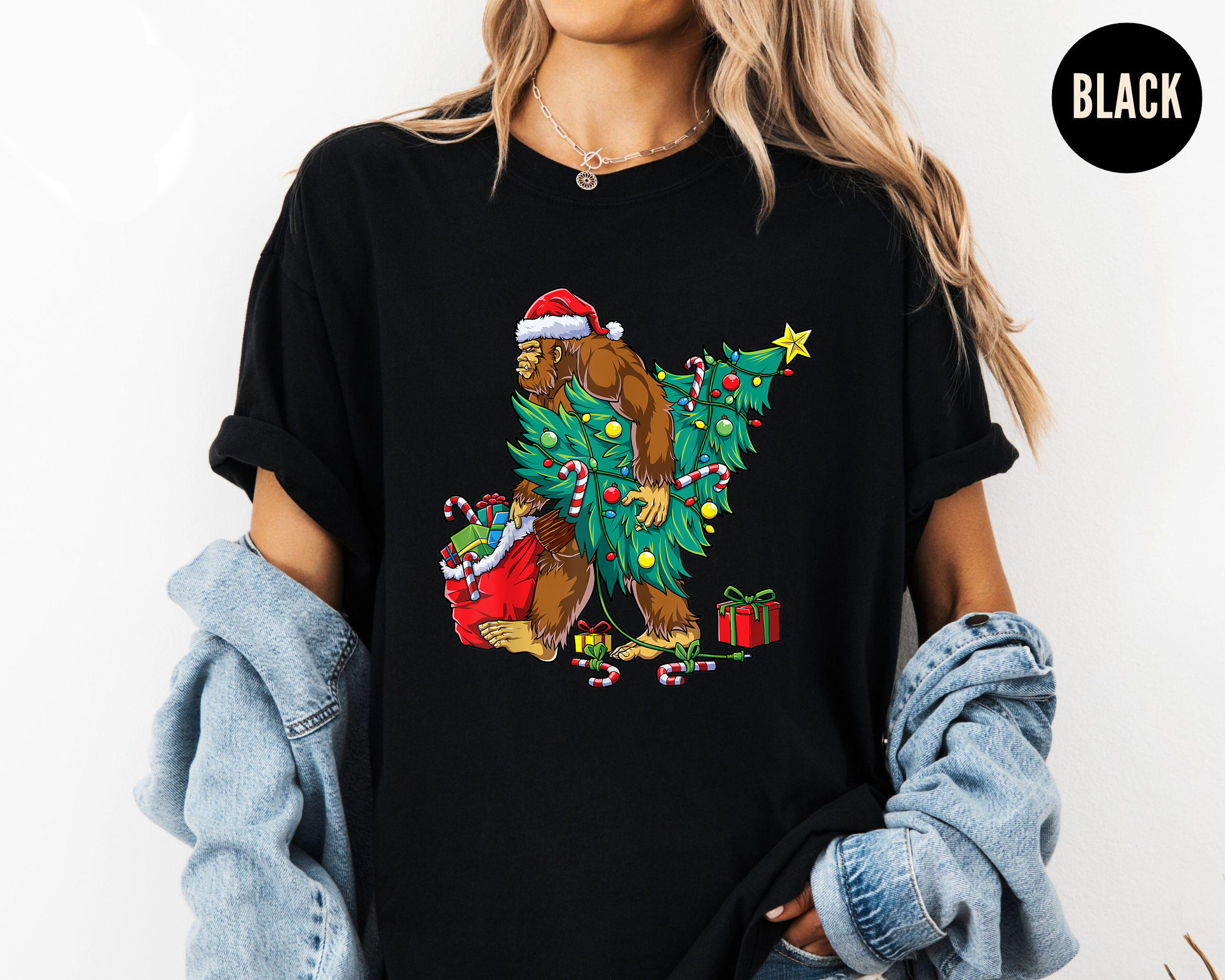 Bigfoot Christmas Tree Shirt, Funny Sasquatch Santa Tee, Candy Cane Gift Top, Festive Holiday Outfit, Retro Xmas Party T-Shirt