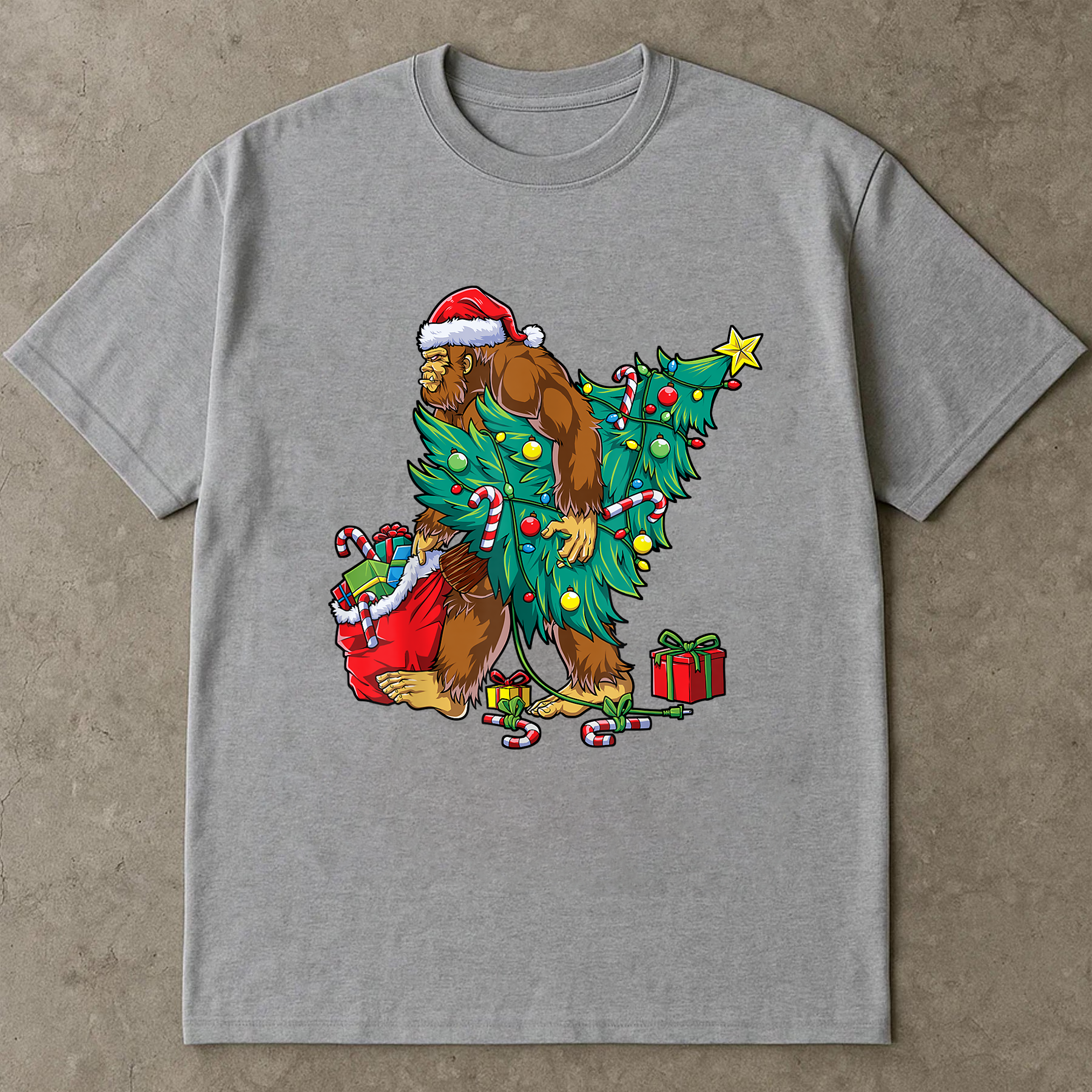 Bigfoot Christmas Tree Shirt, Funny Sasquatch Santa Tee, Candy Cane Gift Top, Festive Holiday Outfit, Retro Xmas Party T-Shirt