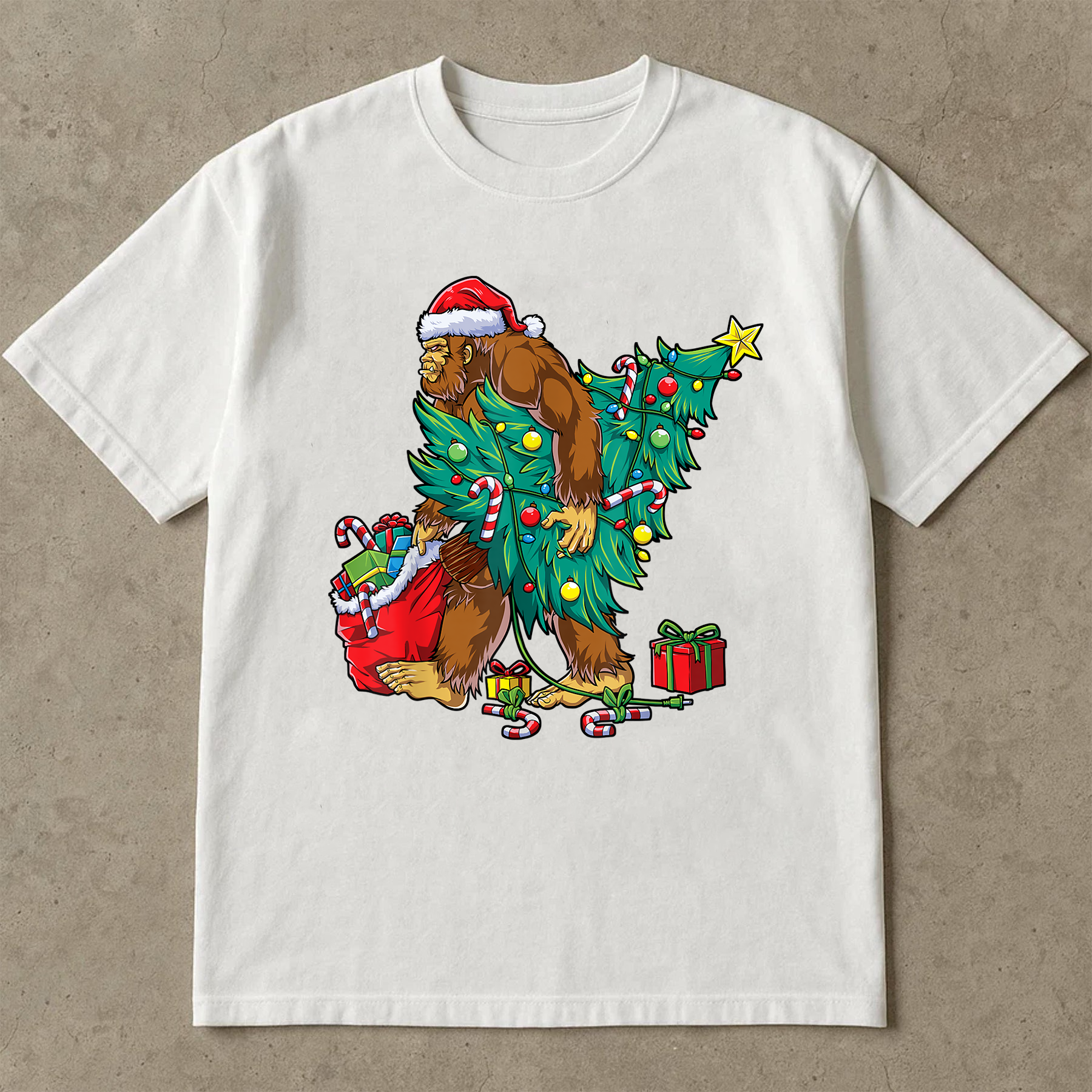Bigfoot Christmas Tree Shirt, Funny Sasquatch Santa Tee, Candy Cane Gift Top, Festive Holiday Outfit, Retro Xmas Party T-Shirt