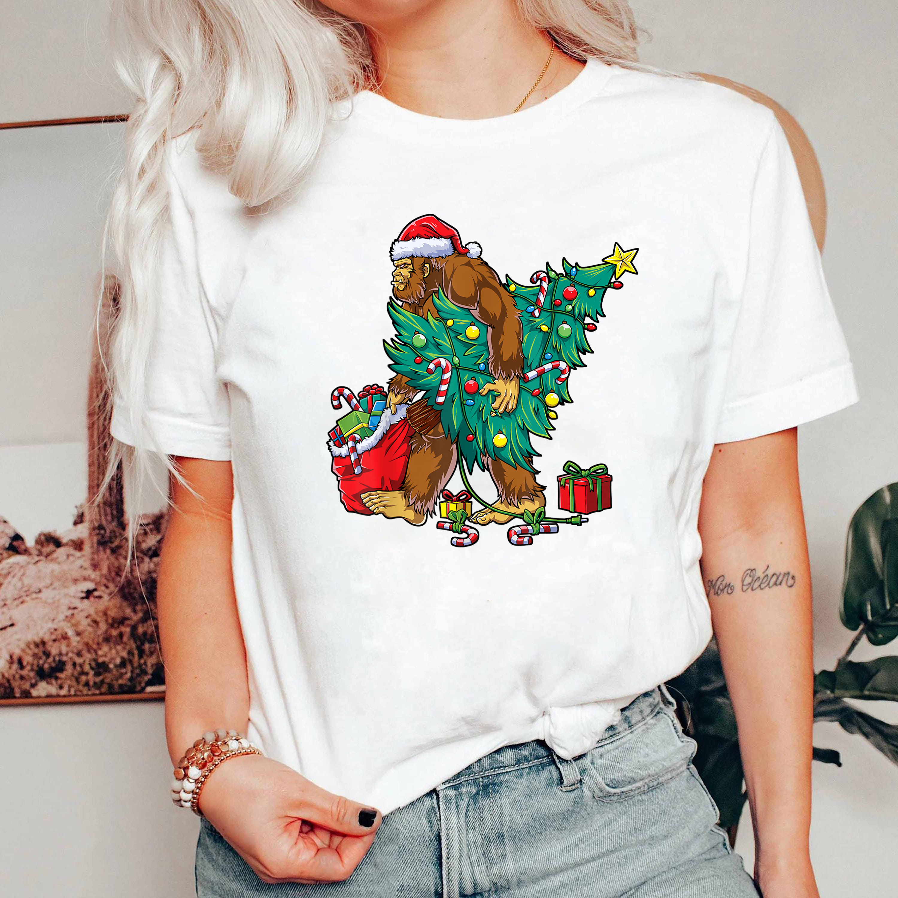 Bigfoot Christmas Tree Shirt, Funny Sasquatch Santa Tee, Candy Cane Gift Top, Festive Holiday Outfit, Retro Xmas Party T-Shirt