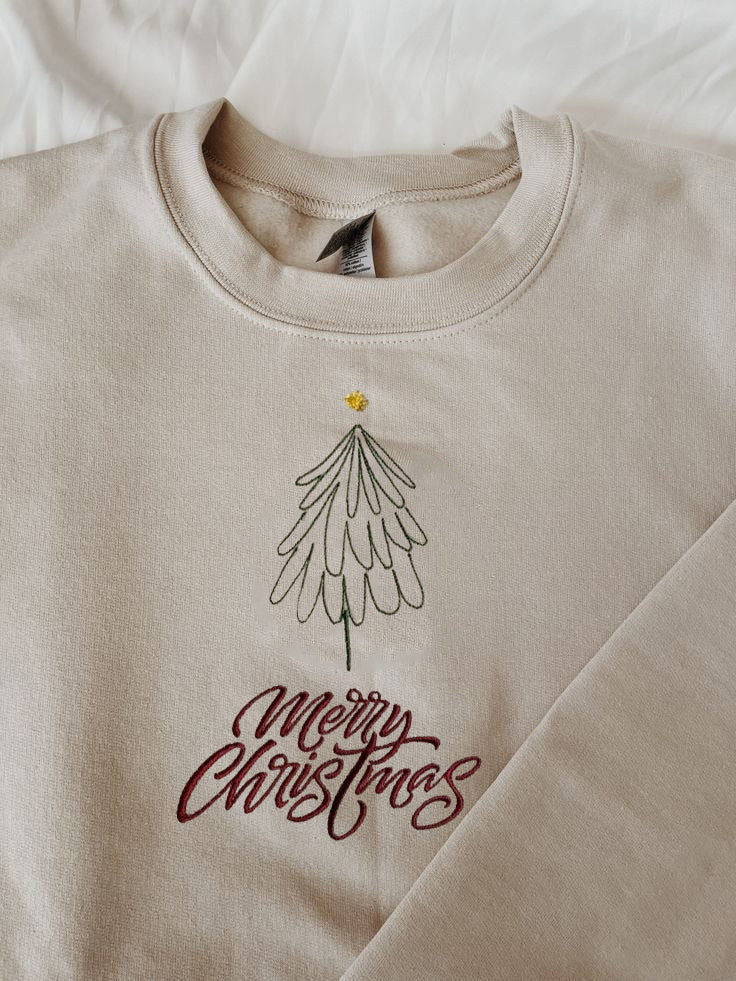 Minimal Christmas Tree Embroidered Sweatshirt, Merry Christmas Sweater, Cozy Winter Outfit, Holiday Crewneck Gift for Her & Him EBAC81