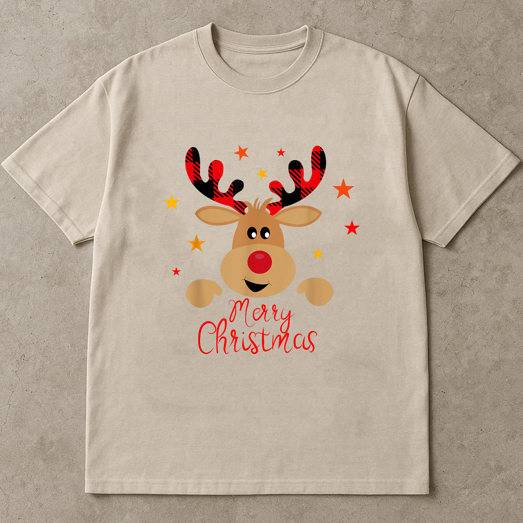 Reindeer Merry Christmas Shirt, Cute Holiday Deer Tee, Buffalo Plaid Antlers Top, Winter Outfit, Festive Family Christmas Gift
