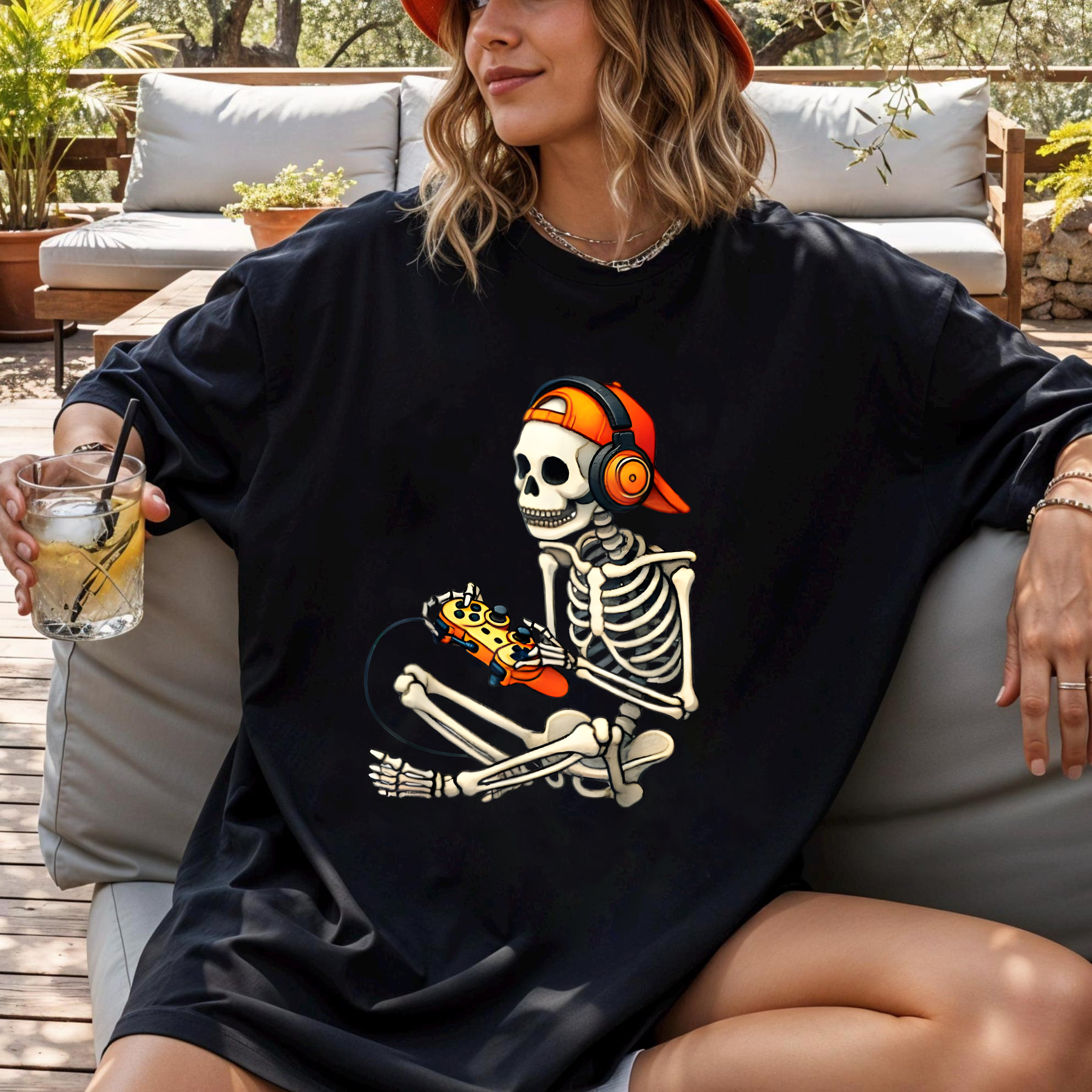 Skeleton Gamer Shirt – Funny Gaming T-Shirt with Headphones & Controller, Oversized Unisex Tee, Halloween Gamer Gift,  Lazy Day Outfit