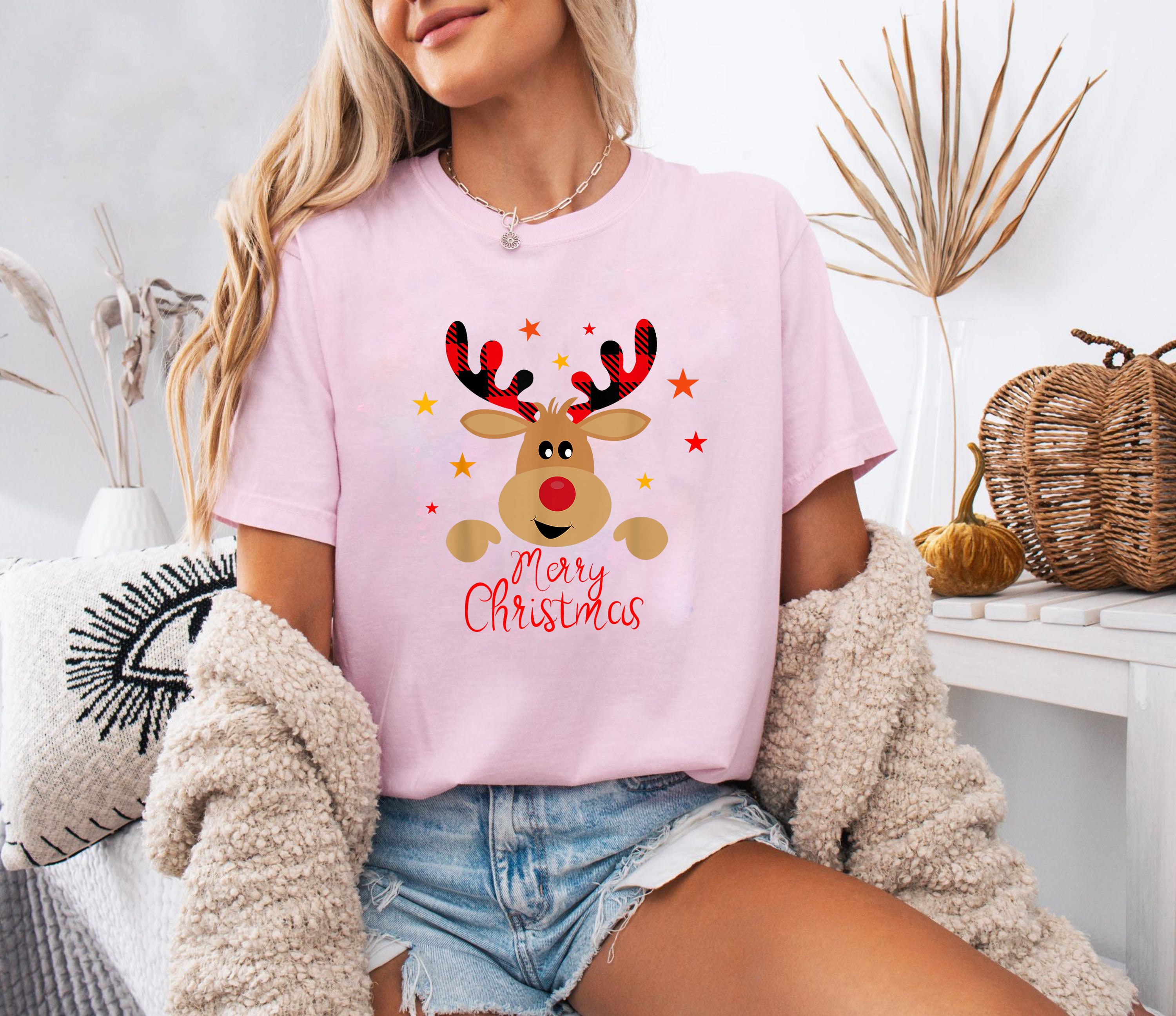Reindeer Merry Christmas Shirt, Cute Holiday Deer Tee, Buffalo Plaid Antlers Top, Winter Outfit, Festive Family Christmas Gift
