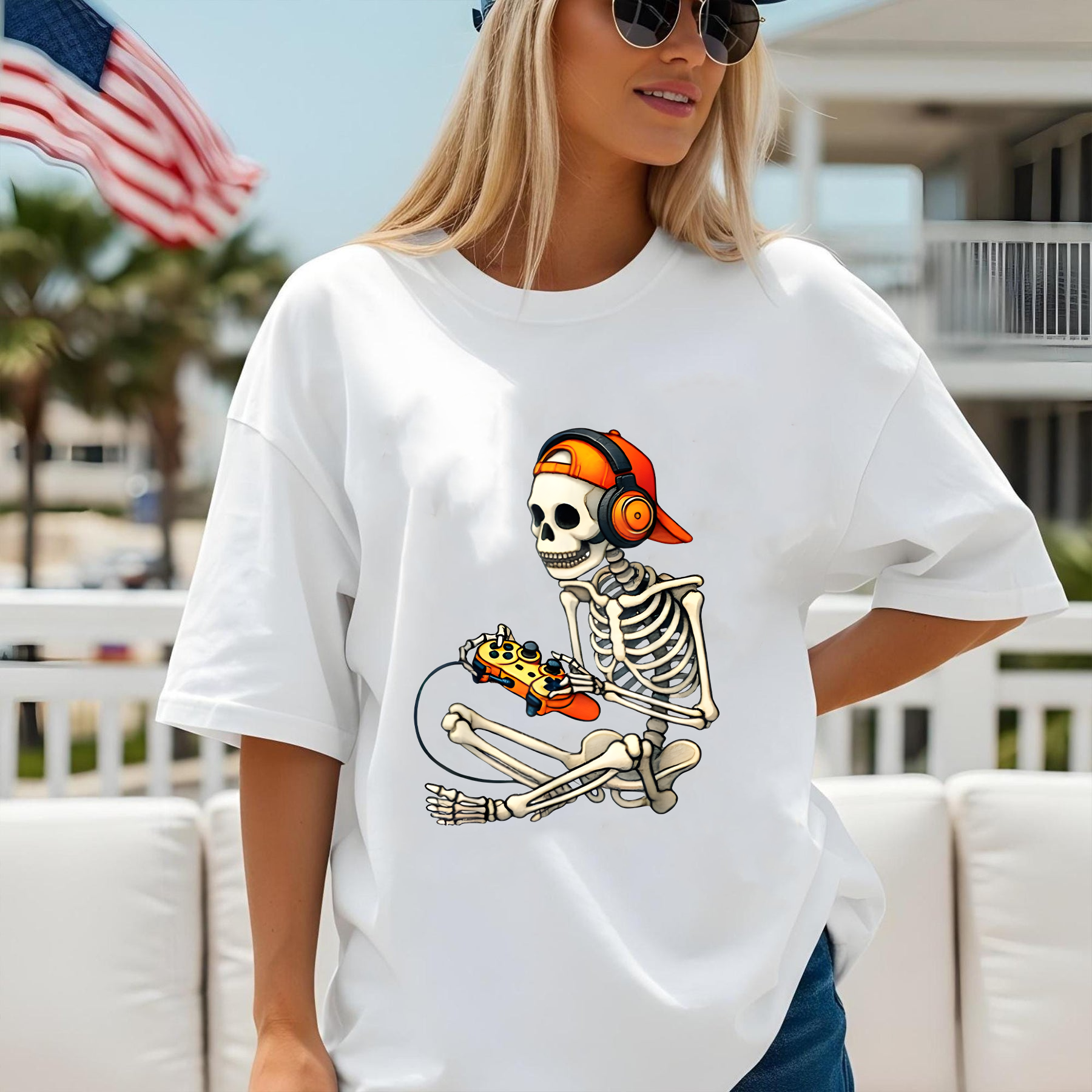 Skeleton Gamer Shirt – Funny Gaming T-Shirt with Headphones & Controller, Oversized Unisex Tee, Halloween Gamer Gift,  Lazy Day Outfit