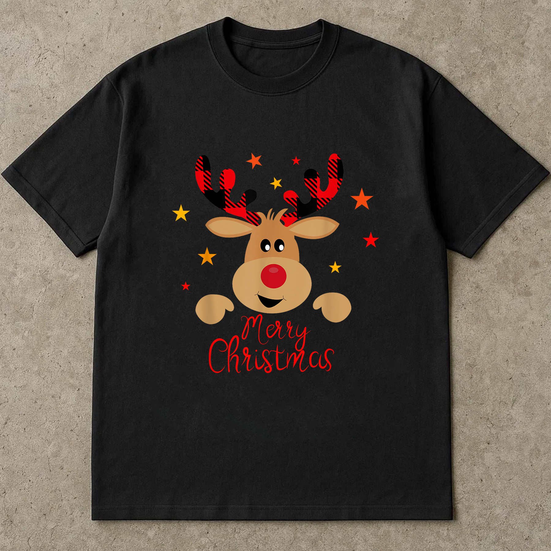 Reindeer Merry Christmas Shirt, Cute Holiday Deer Tee, Buffalo Plaid Antlers Top, Winter Outfit, Festive Family Christmas Gift