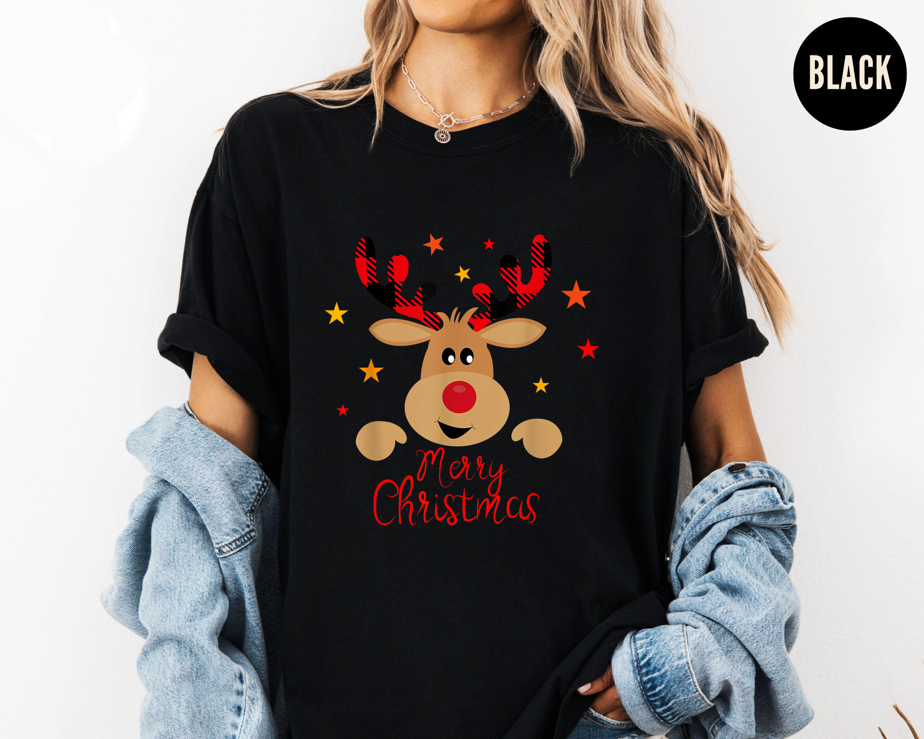 Reindeer Merry Christmas Shirt, Cute Holiday Deer Tee, Buffalo Plaid Antlers Top, Winter Outfit, Festive Family Christmas Gift