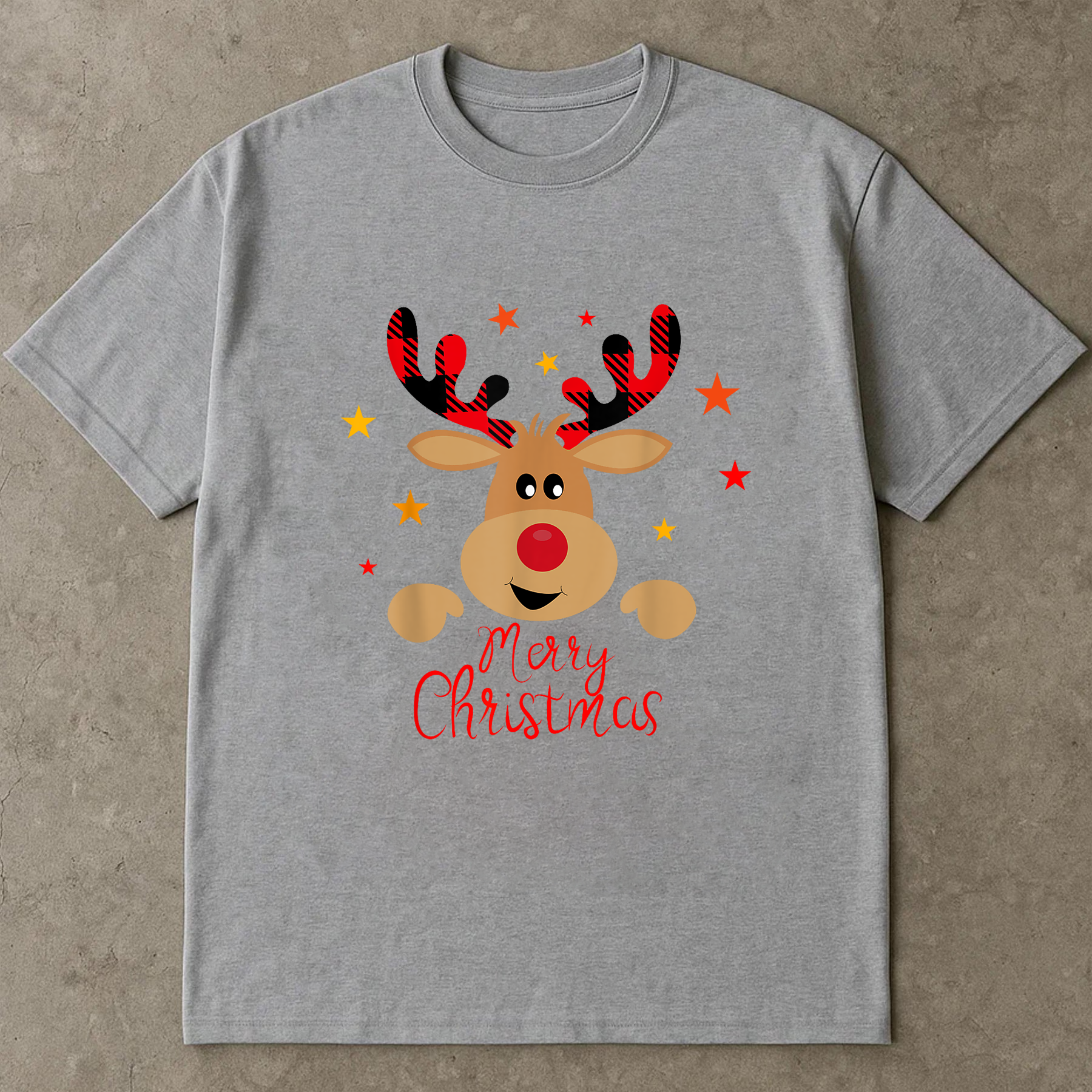 Reindeer Merry Christmas Shirt, Cute Holiday Deer Tee, Buffalo Plaid Antlers Top, Winter Outfit, Festive Family Christmas Gift