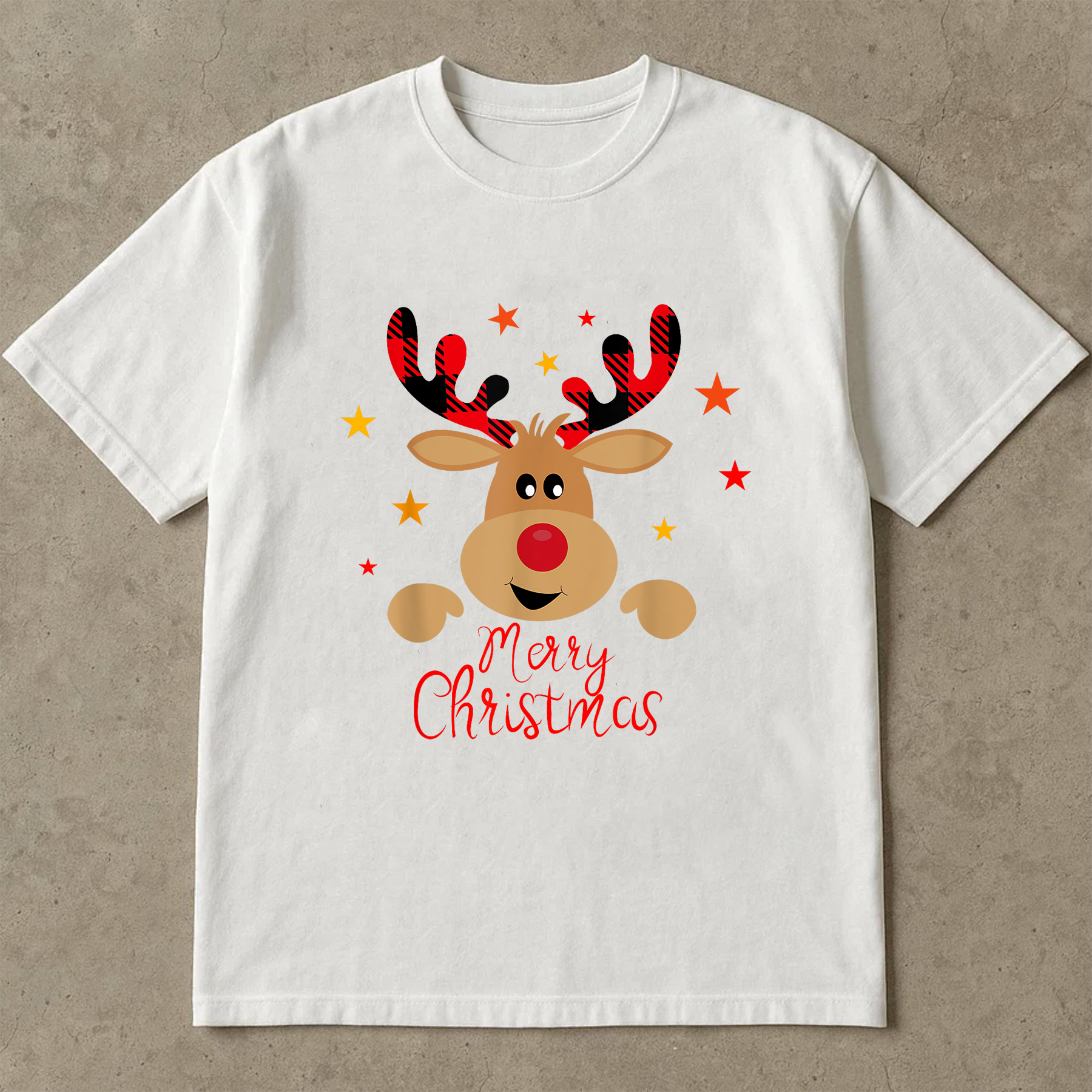 Reindeer Merry Christmas Shirt, Cute Holiday Deer Tee, Buffalo Plaid Antlers Top, Winter Outfit, Festive Family Christmas Gift
