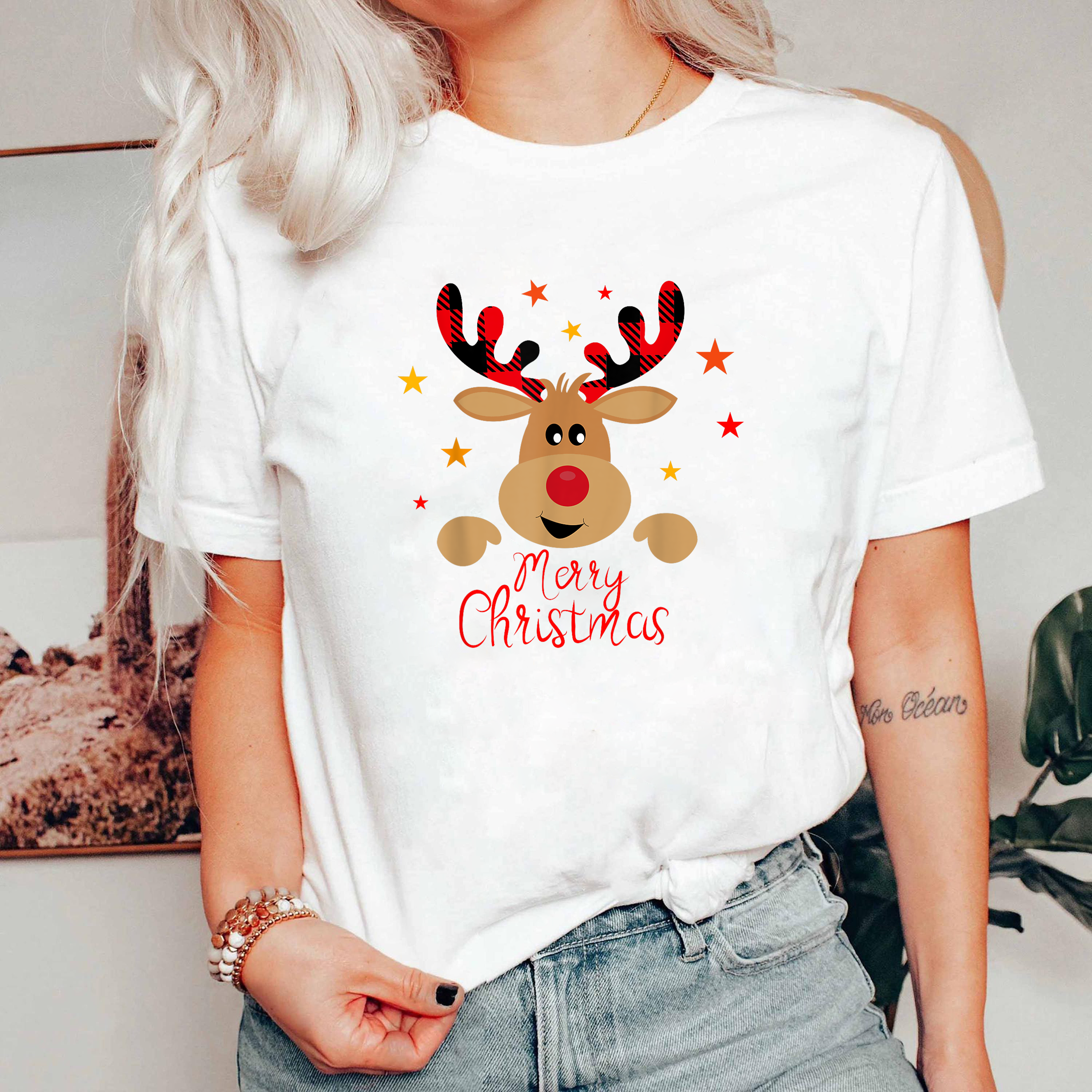 Reindeer Merry Christmas Shirt, Cute Holiday Deer Tee, Buffalo Plaid Antlers Top, Winter Outfit, Festive Family Christmas Gift