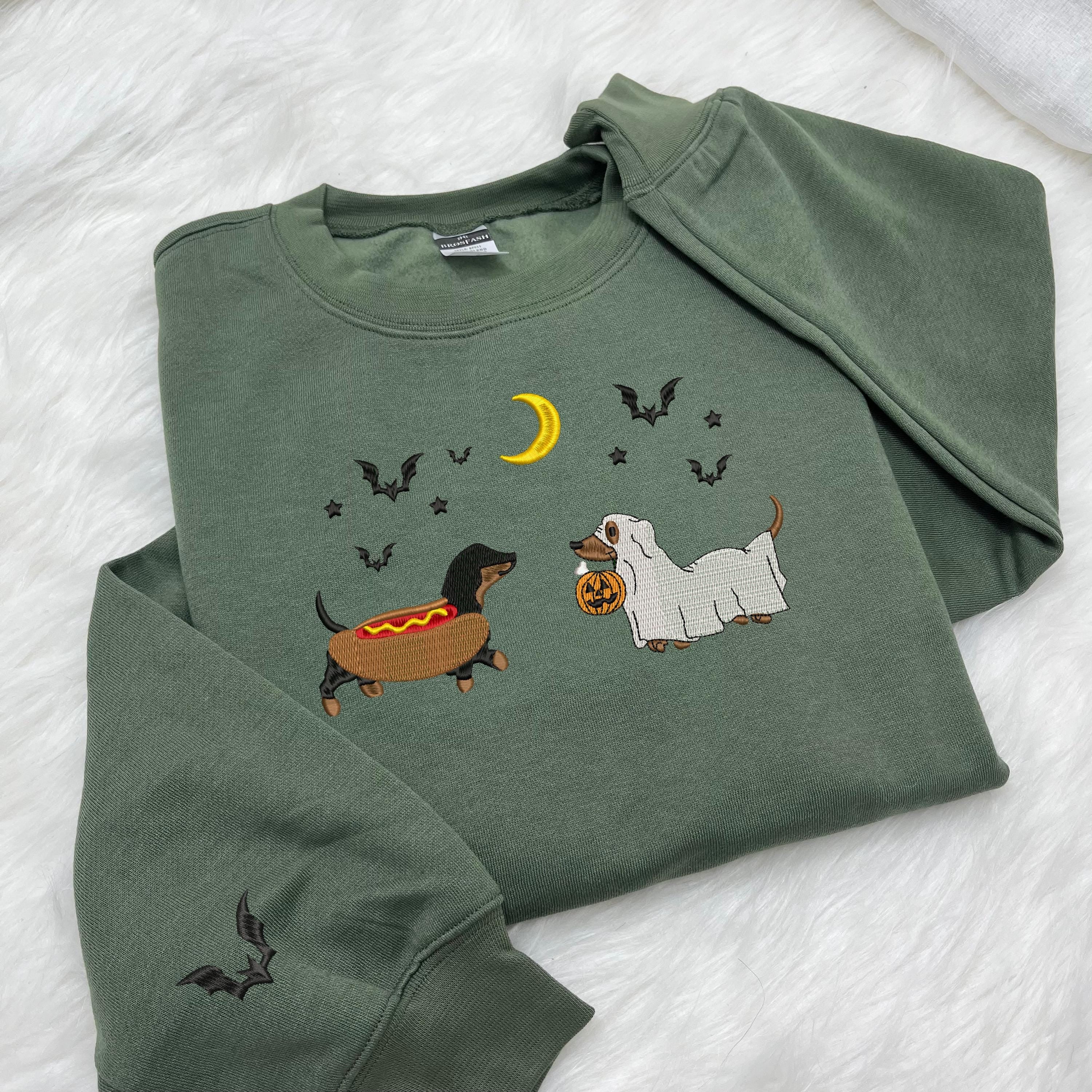 Dachshund Halloween Embroidered Sweatshirt, Spooky Season Pup Crewneck, Halloween Pet Sweatshirt, Halloween Party Cute Shirt For Dog Lovers EBAC29